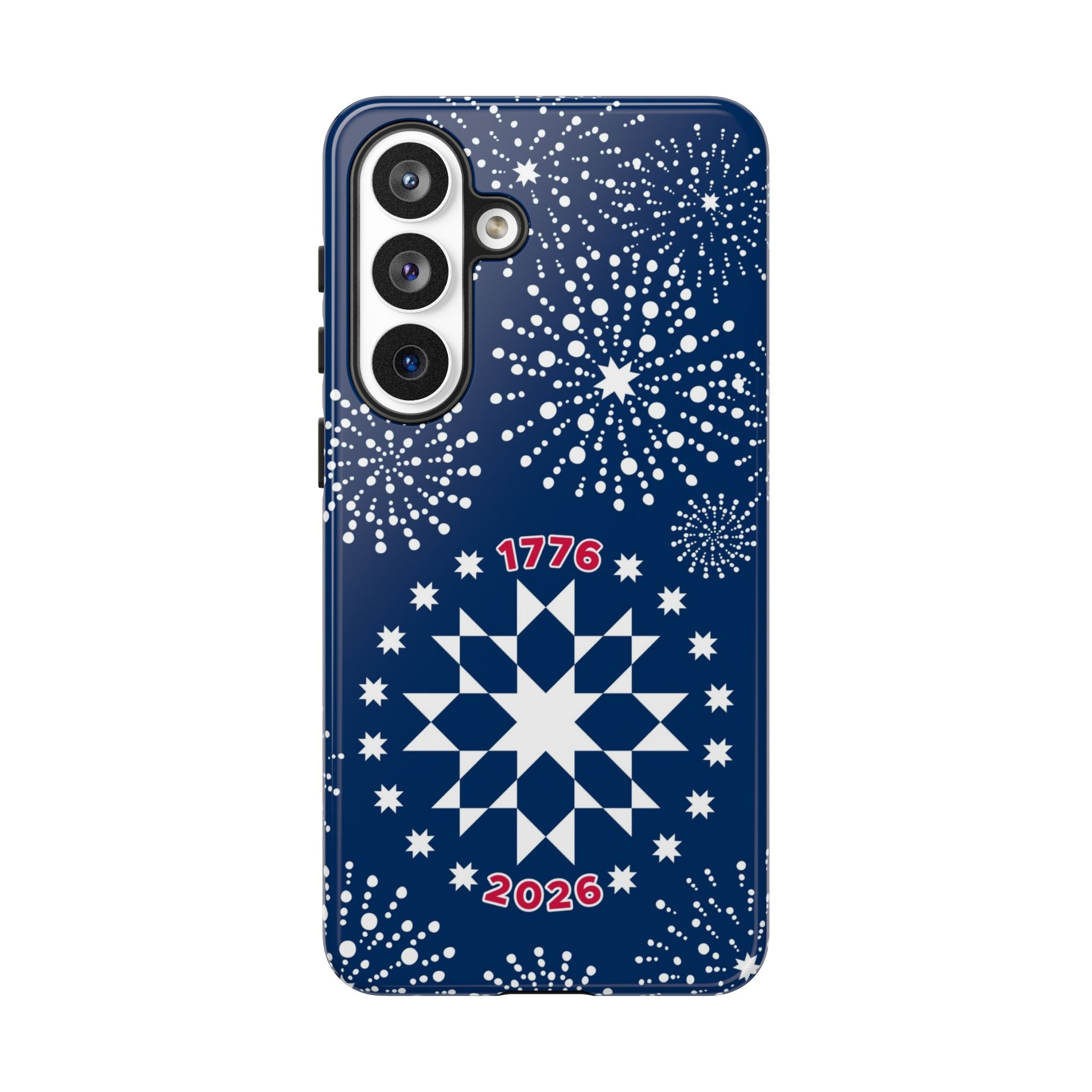 250th Fireworks Samsung Galaxy S26 Plus Case – Glossy | navy, white patriotic star quilt fireworks print
