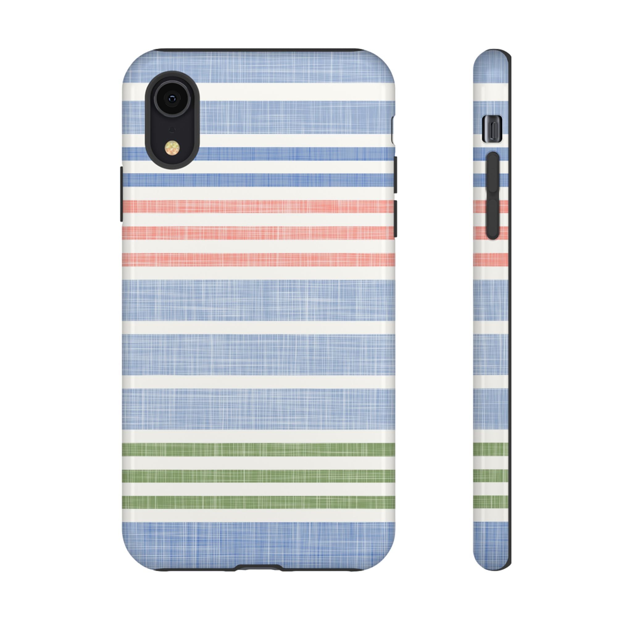 Cabana Stripe Pastel Tough iPhone XR Case – Glossy | soft blue, coral, sage green chambray-textured stripe print dual-layer protection