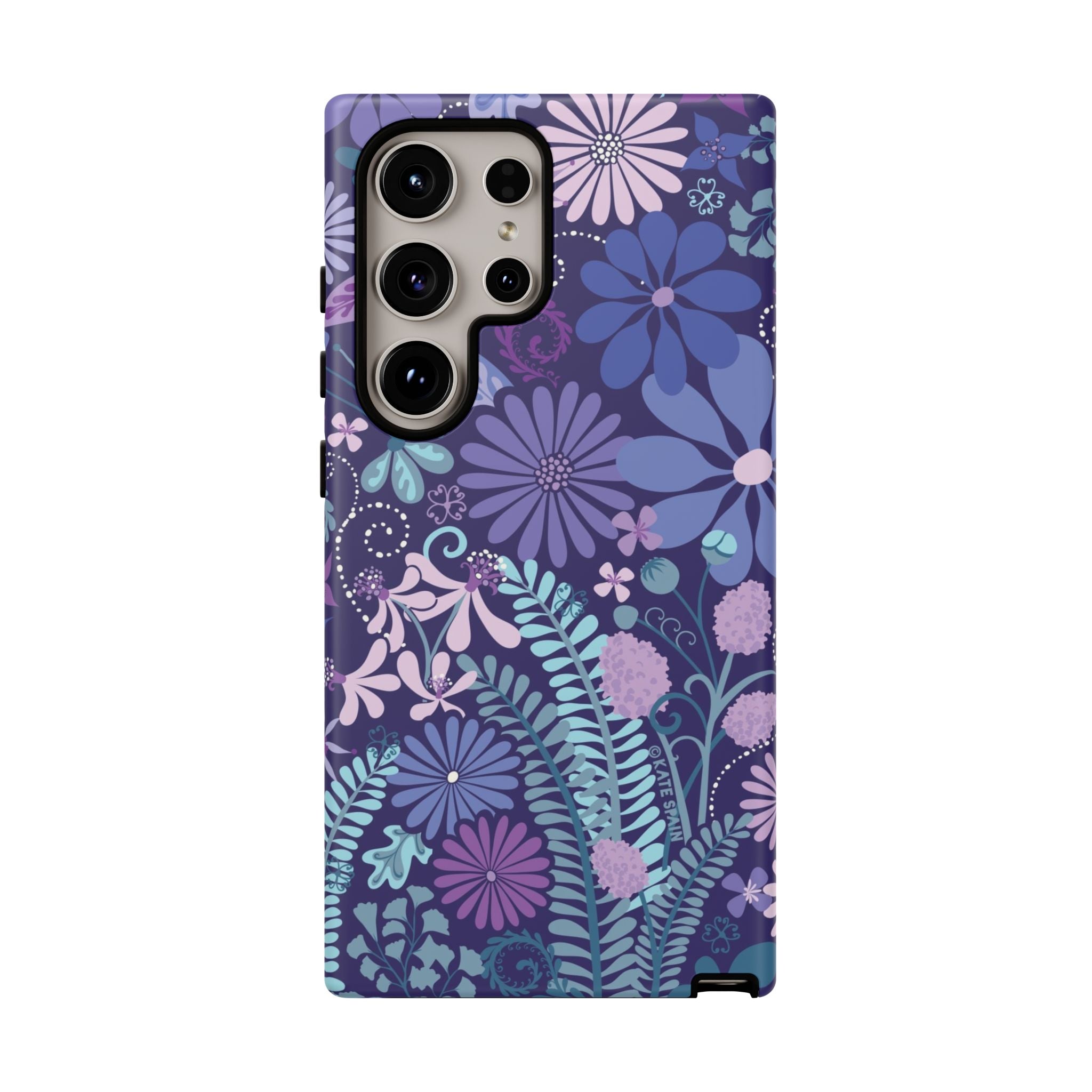 Luxury Terrain Samsung Galaxy S24 Case – Glossy | navy, purple, aqua botanical woodland floral print