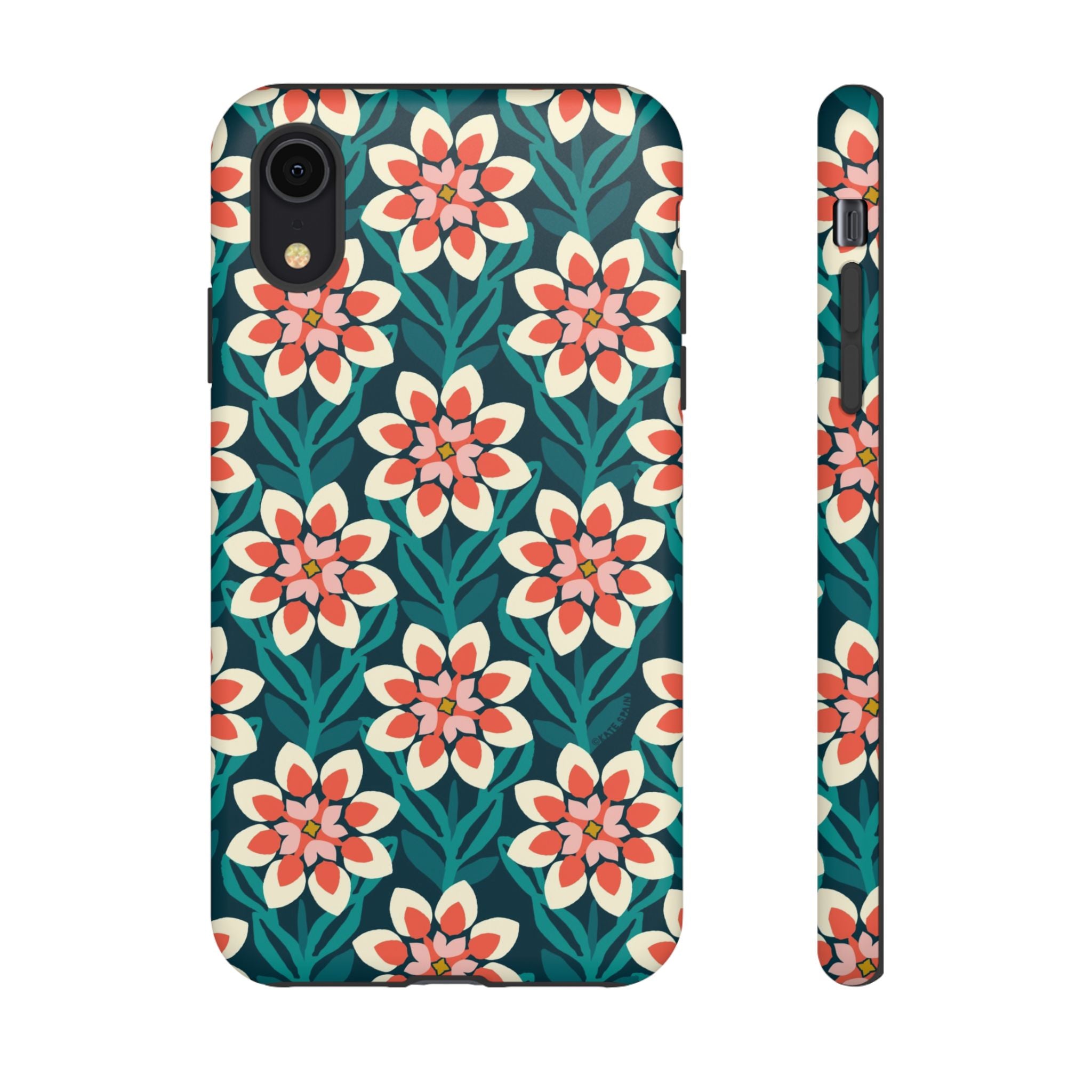 Modern Dahlia Tough iPhone XR Case – Matte | teal, coral, cream geometric dahlia floral print