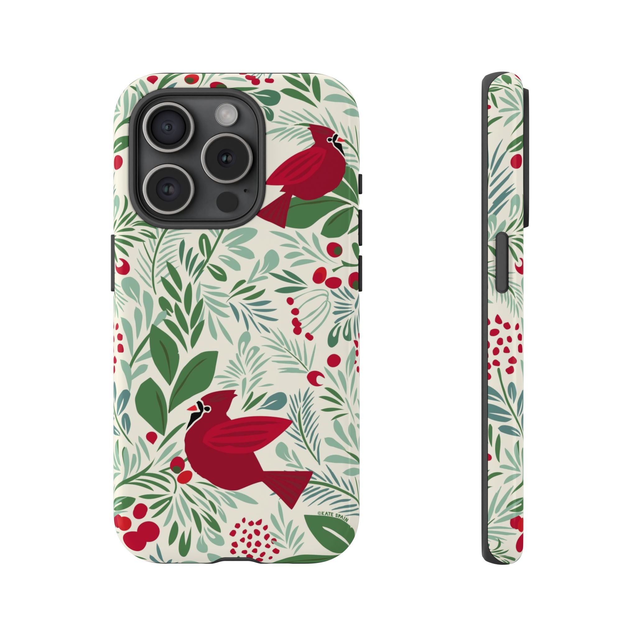 Birds and Berries Tough iPhone 15 Pro Case – Glossy | cream, red, green botanical cardinal berry print
