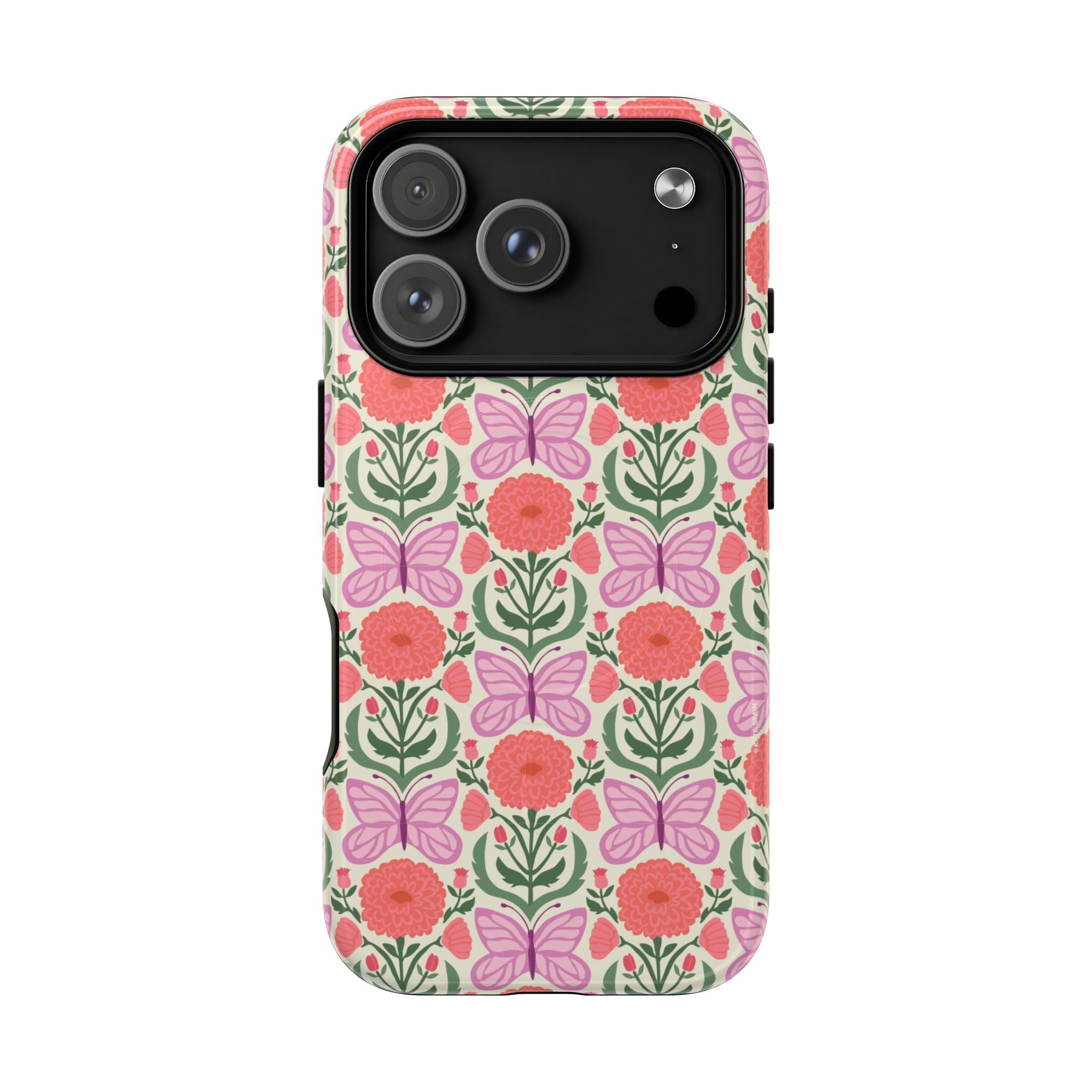 Pink Butterfly MagSafe iPhone 17 Pro Case – Glossy | pink, coral, green, cream butterfly floral print
