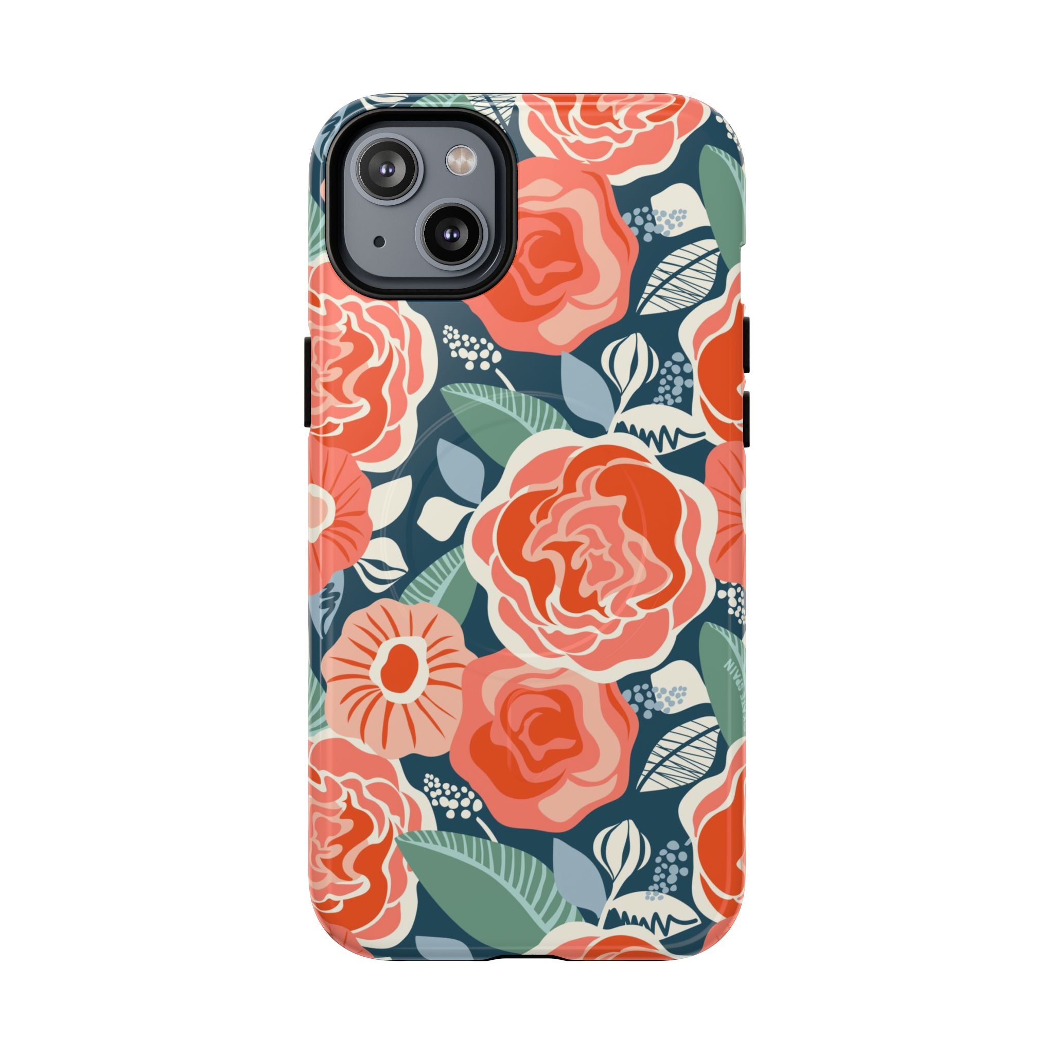 Luxury Tea Rose Navy MagSafe iPhone 14 Plus Case – Glossy | navy, coral, peach botanical rose floral print