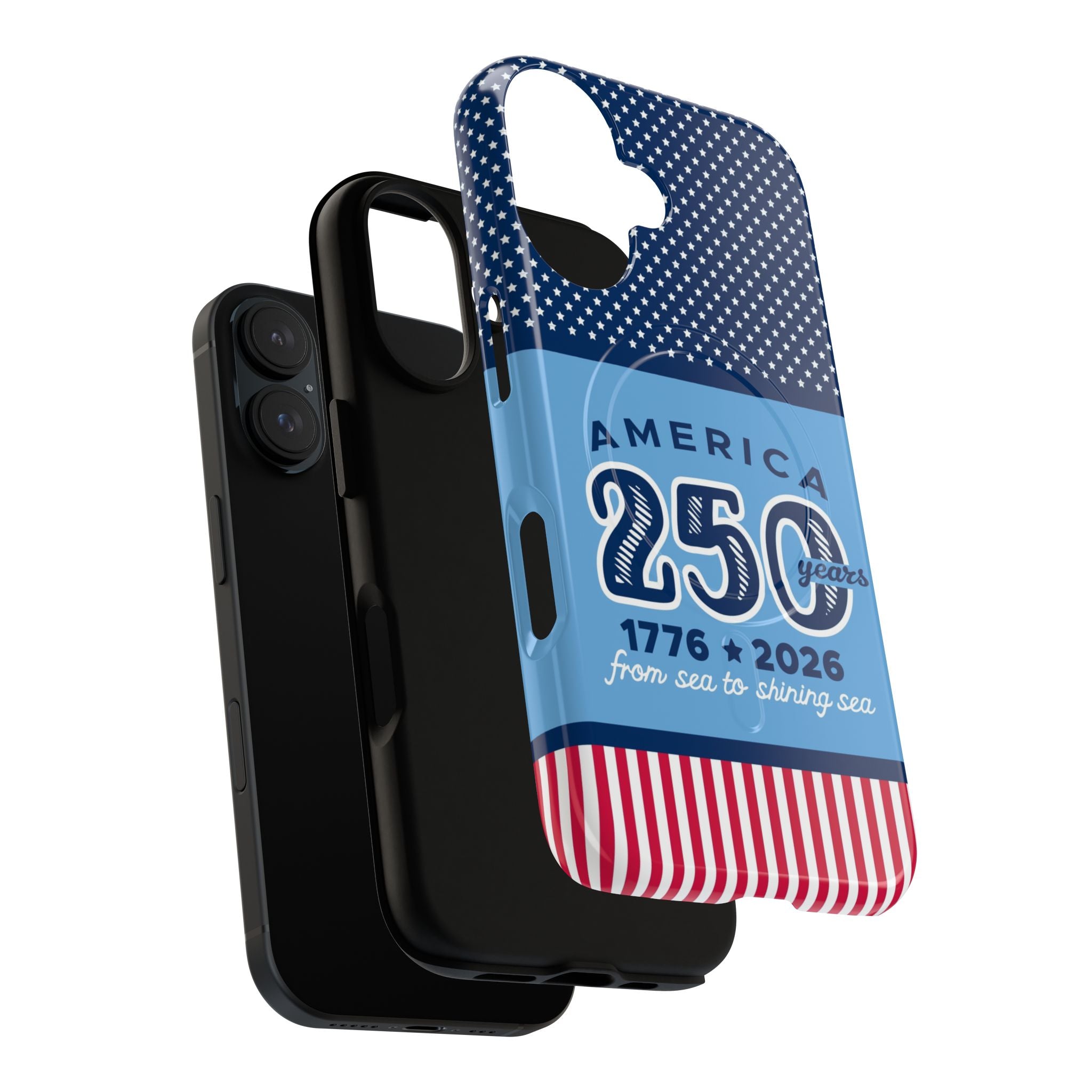 Sea to Shining Sea MagSafe iPhone 17 case blowout shot of dual-layer construction of case in navy, sky blue, red, white American stars & stripes 250th anniversary print