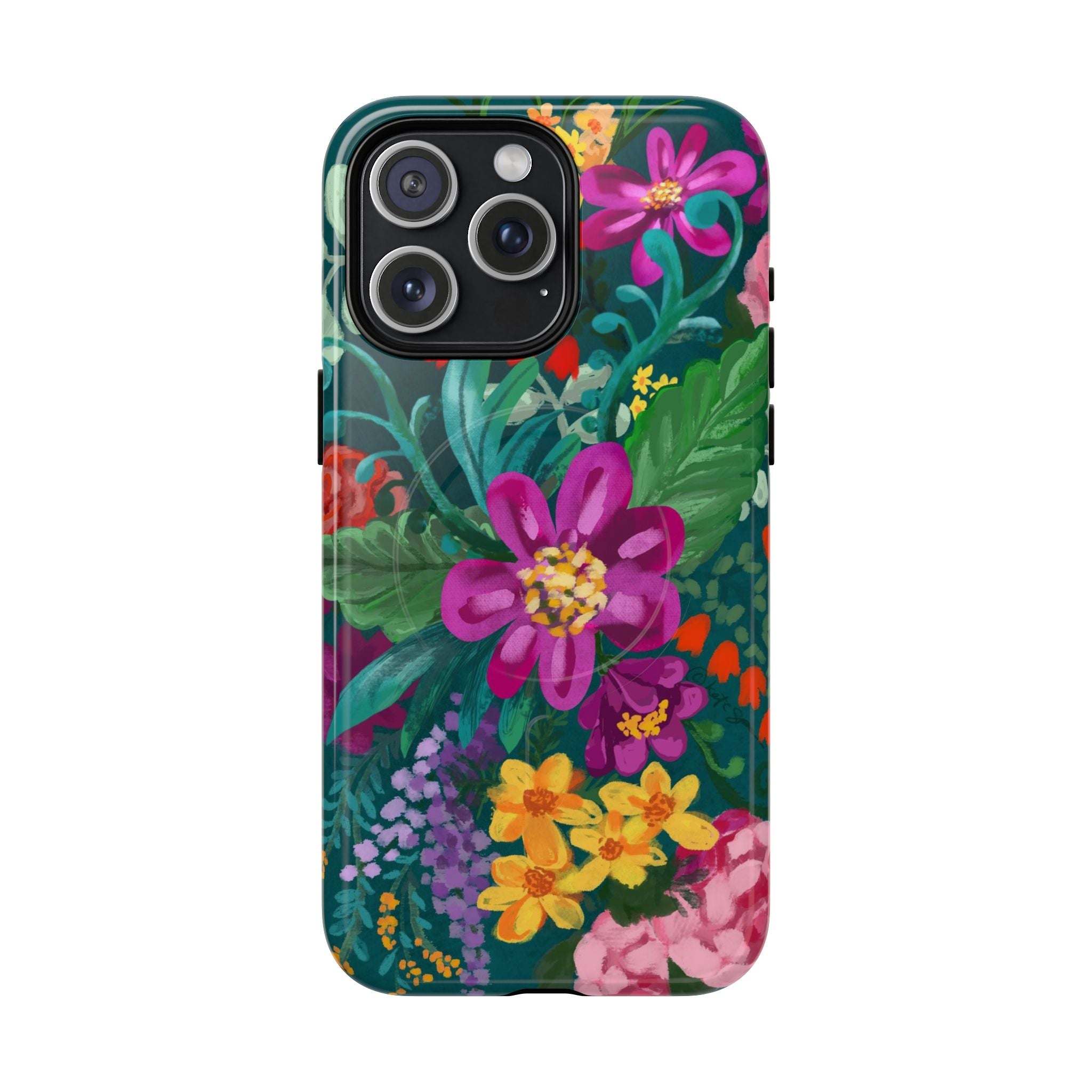 Posy MagSafe iPhone 15 Pro Max Case – Glossy | teal, purple, magenta, yellow botanical wildflower print