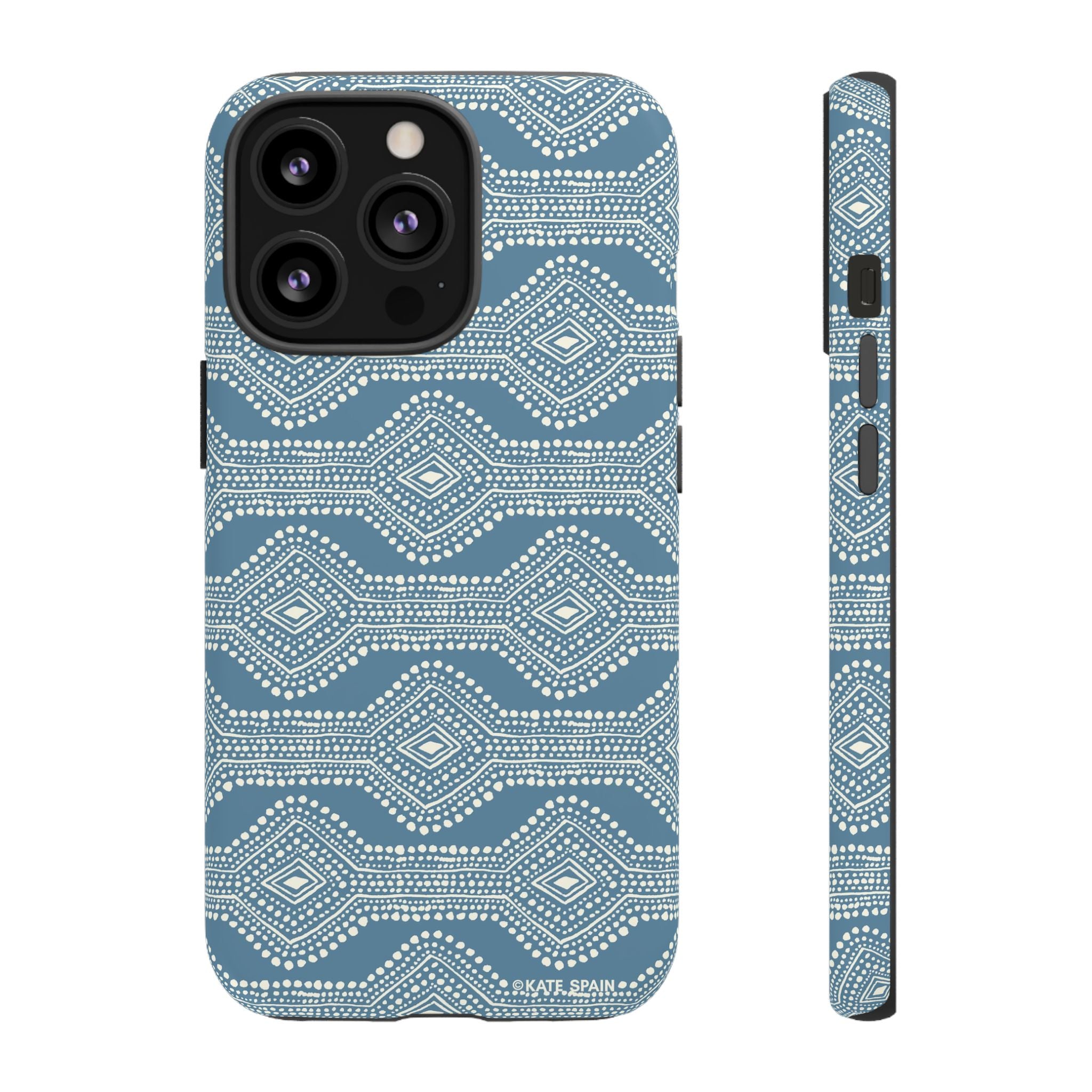 Diamond Dots Tough iPhone 13 Pro Case – Matte | steel blue, white diamond dot geometric print
