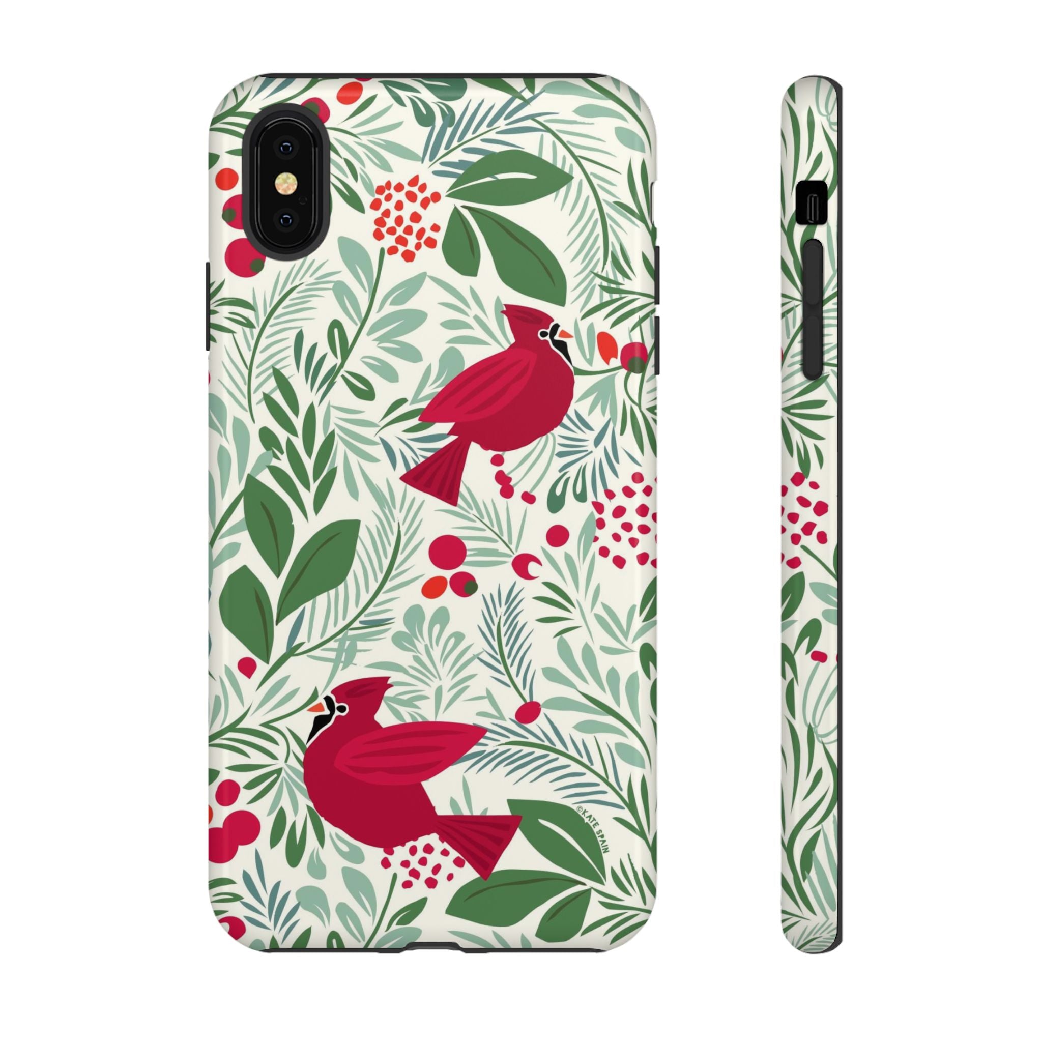 Birds and Berries Tough iPhone XS Max Case – Glossy | cream, red, green botanical cardinal berry print