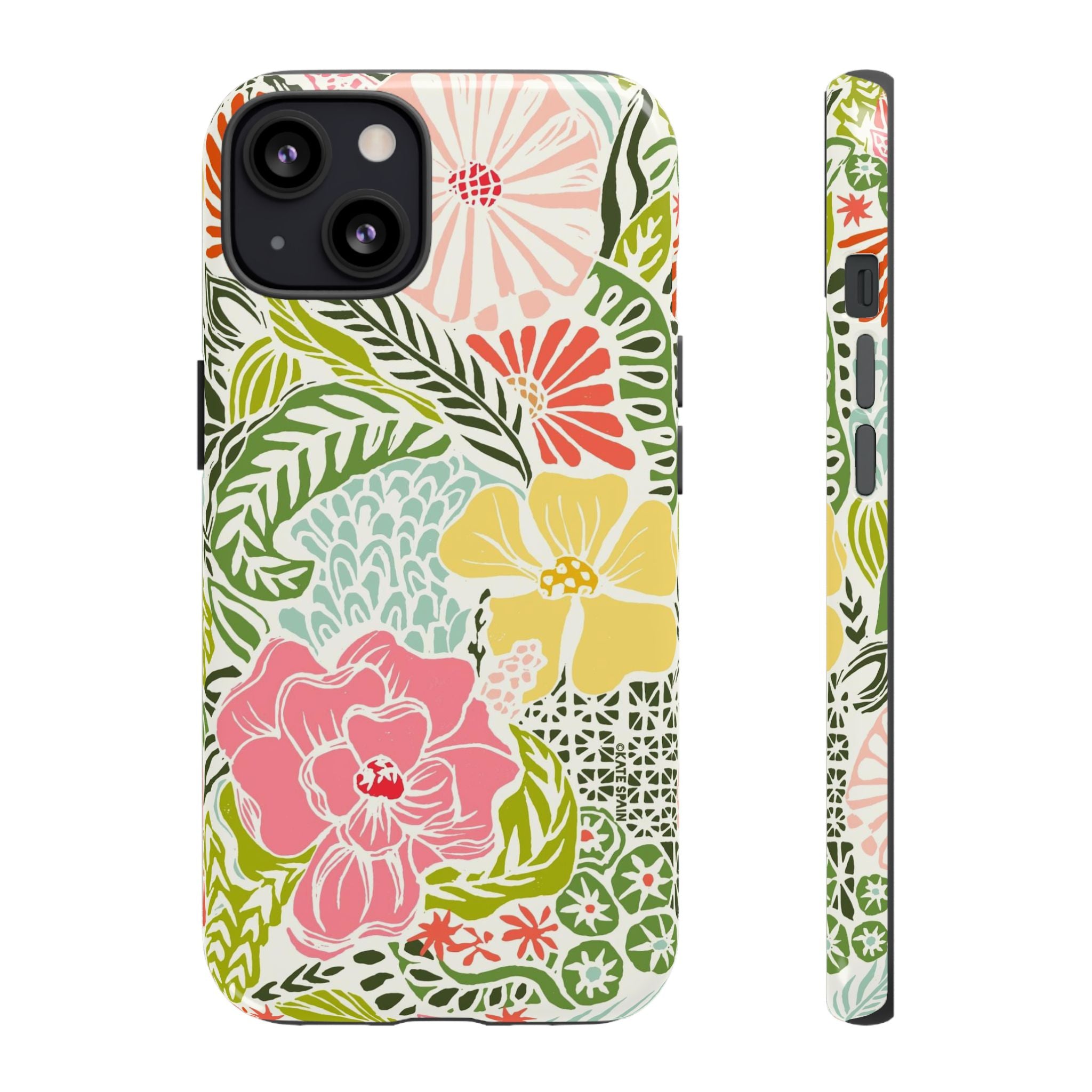 Tropica Tough iPhone 13 Case – Matte | cream, pink, yellow, blue botanical floral print