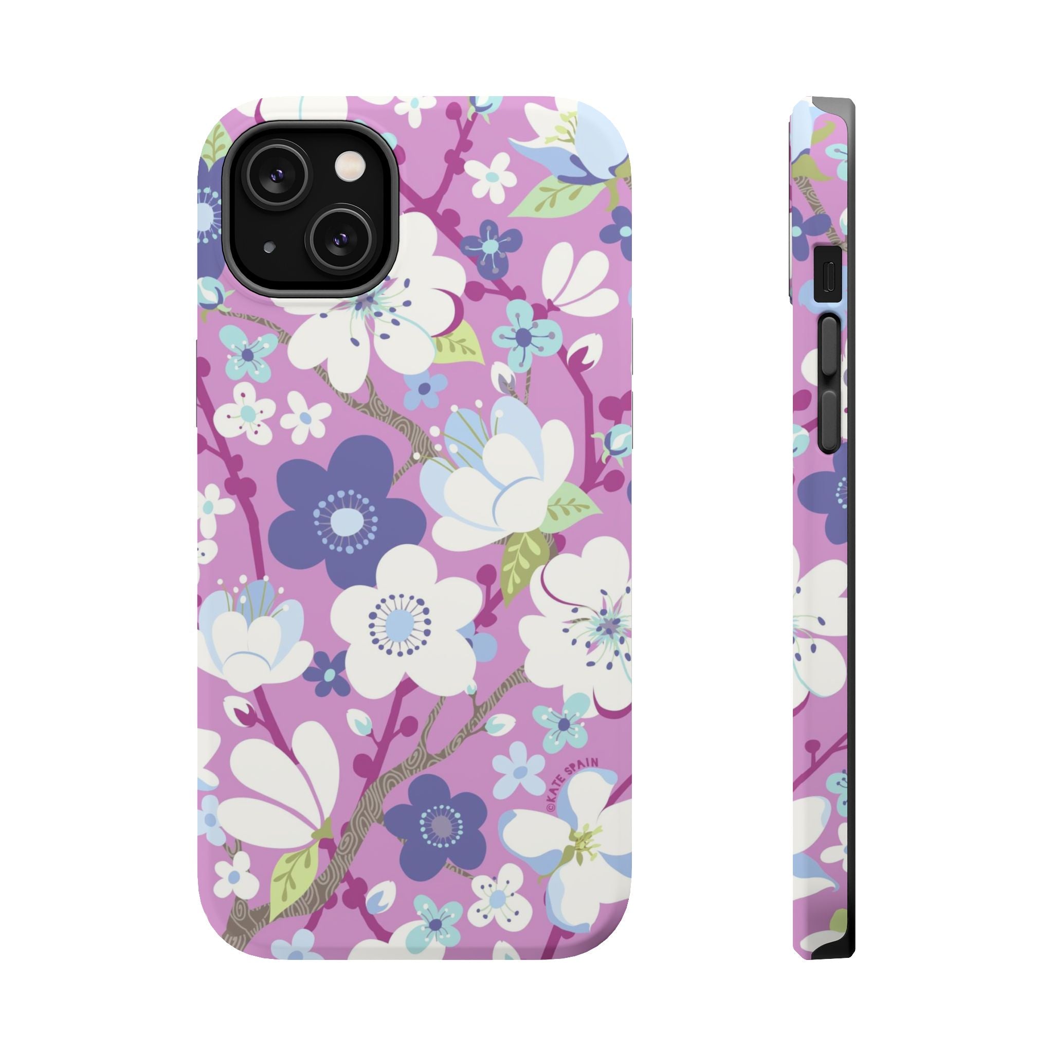 Luxury Cherry Blossom MagSafe iPhone 13 mini Case – Matte | mauve, purple, blue, white cherry blossom print