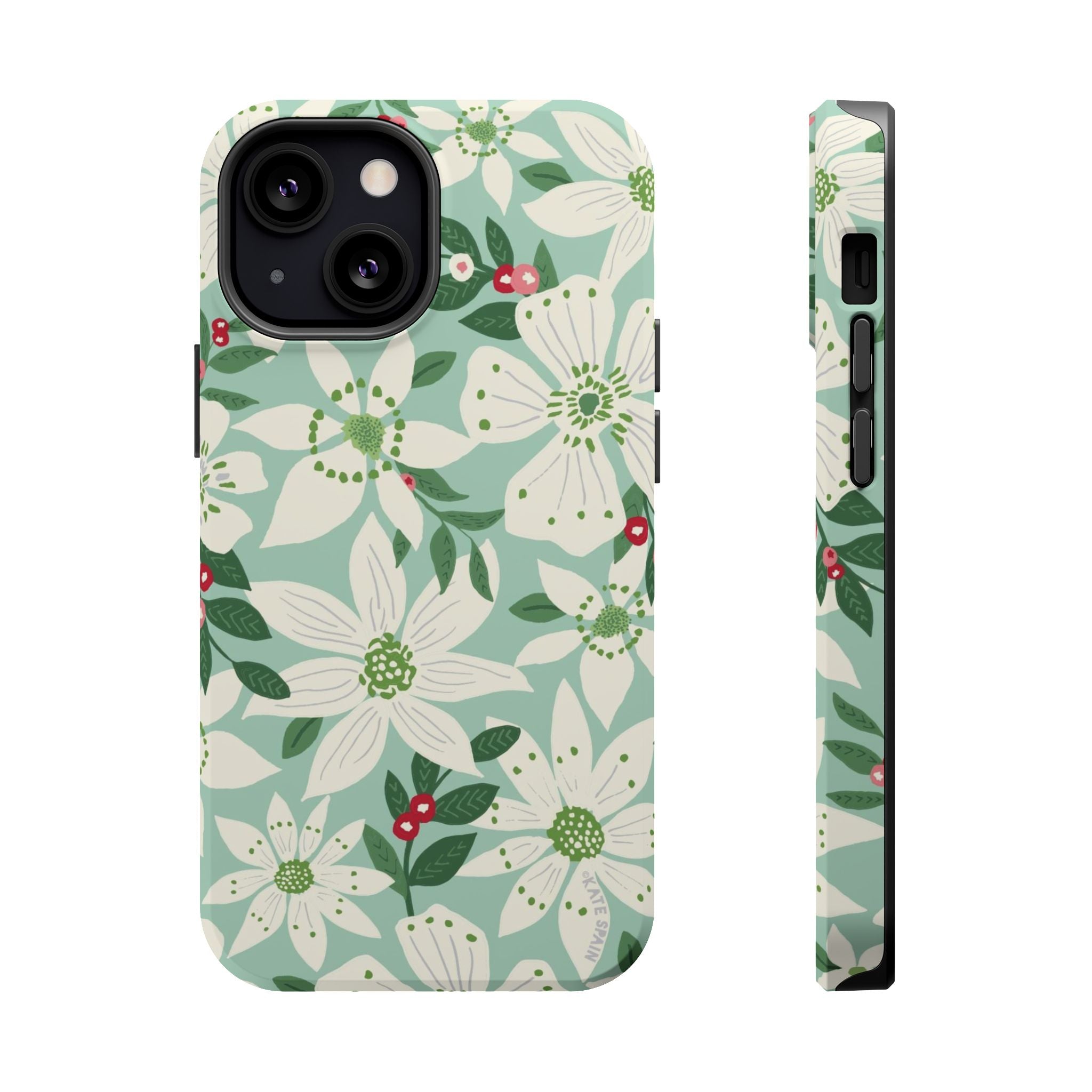 Gardenia MagSafe iPhone 13 Mini Case – Matte | light blue, white, green, red gardenia botanical print MagSafe compatible, dual-layer protection