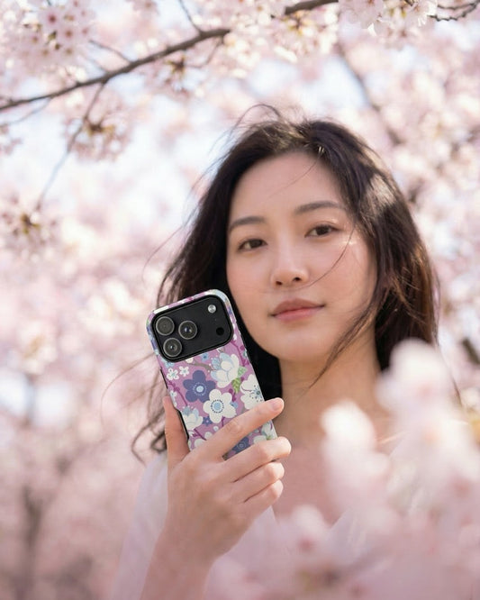 Woman holding a phone with a floral phone case in front of cherry blossom trees