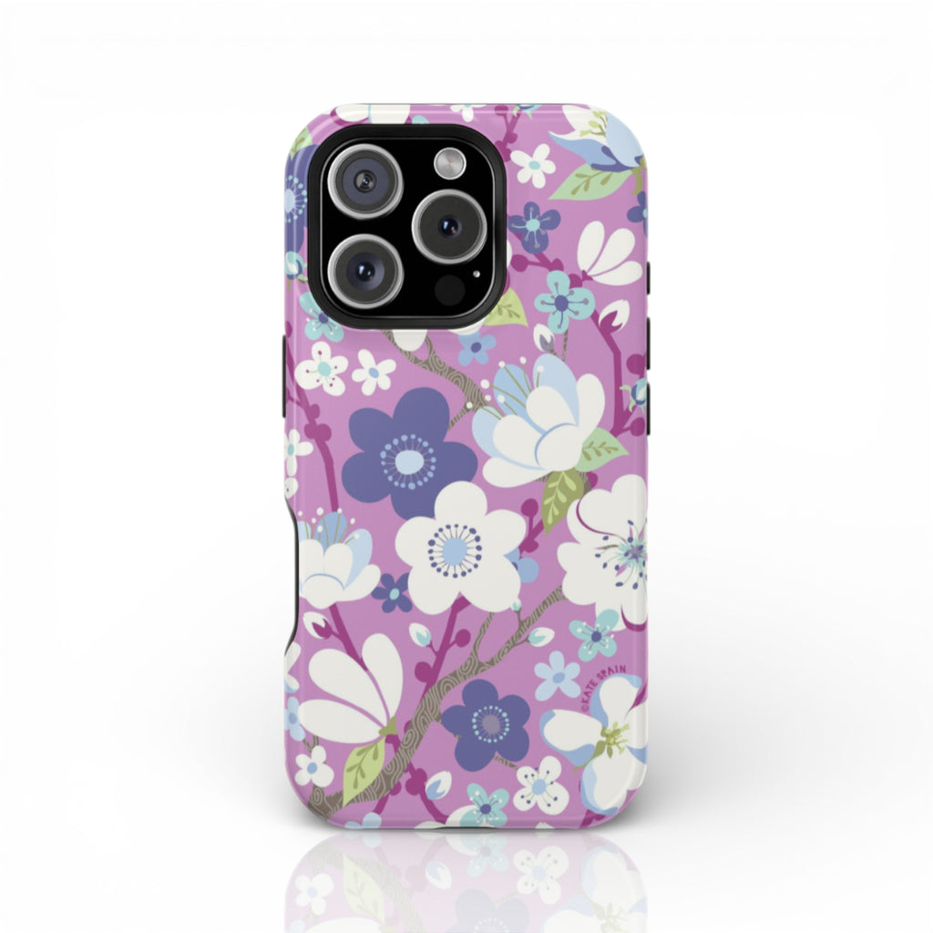 Luxury Cherry Blossom Tough iPhone 16 Pro Max Case – main view | mauve, purple, blue, white cherry blossom print