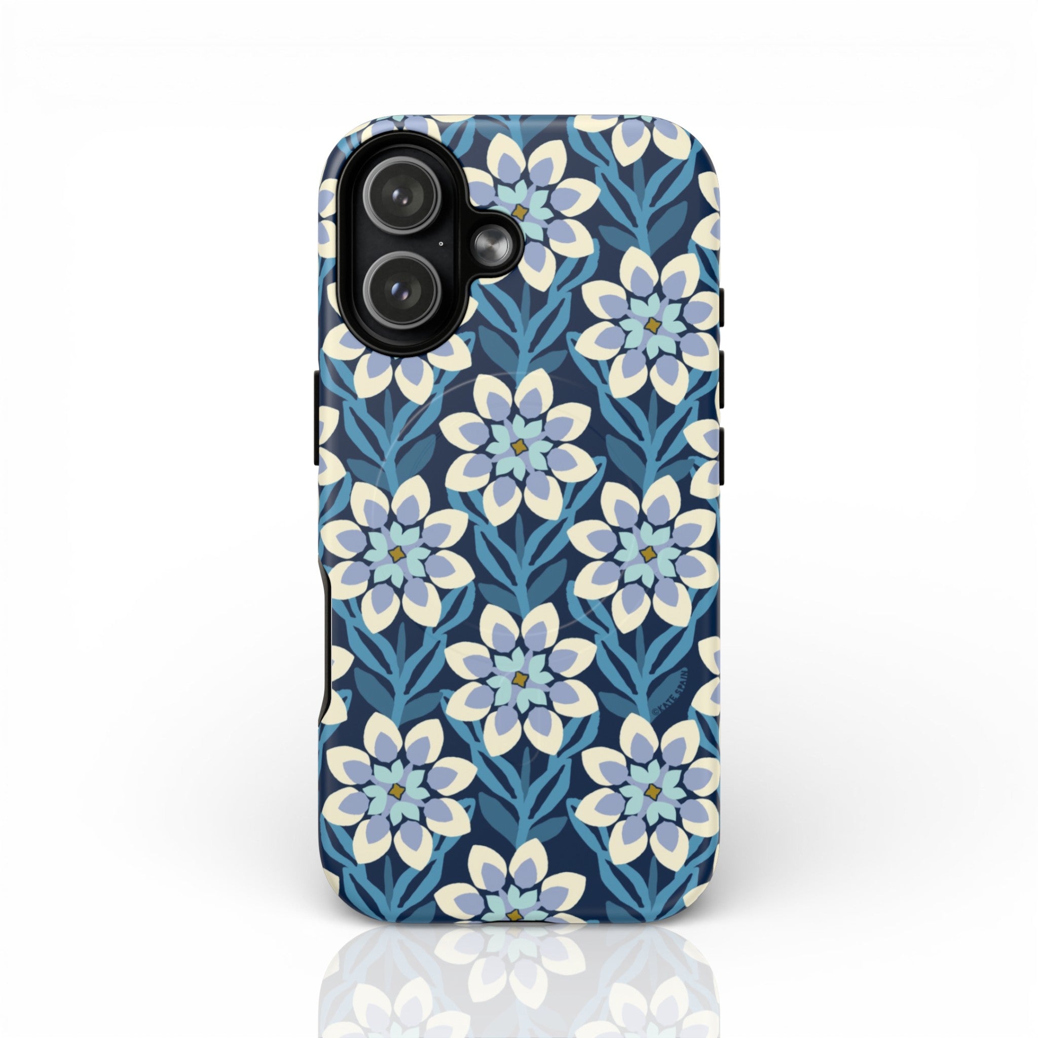 Designer Modern Dahlia Tough iPhone 17 Case – matte | navy, cobalt, white dahlia floral print
