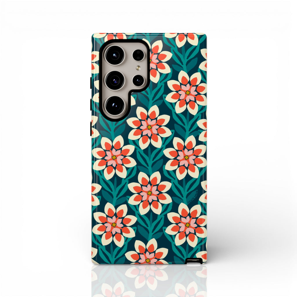 Luxury Modern Dahlia Samsung Galaxy S24 Ultra Case – Glossy | teal, coral, pink, cream modern dahlia print