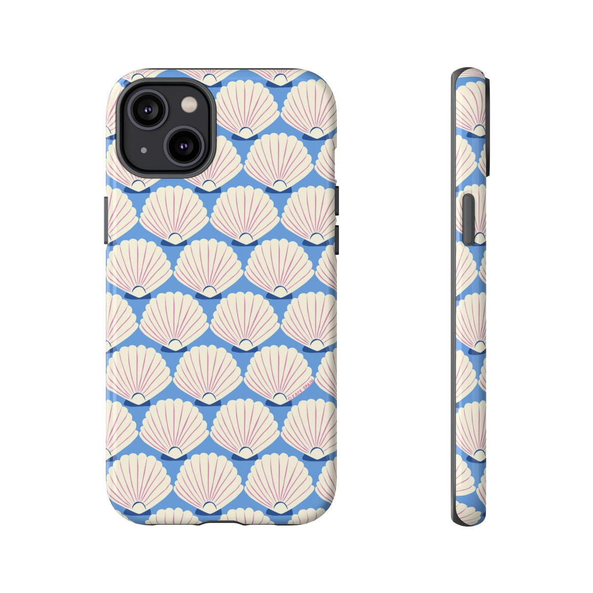 Seashells Tough iPhone 14 Plus Case – Glossy | periwinkle, cream, blush scallop shell print | front and side view