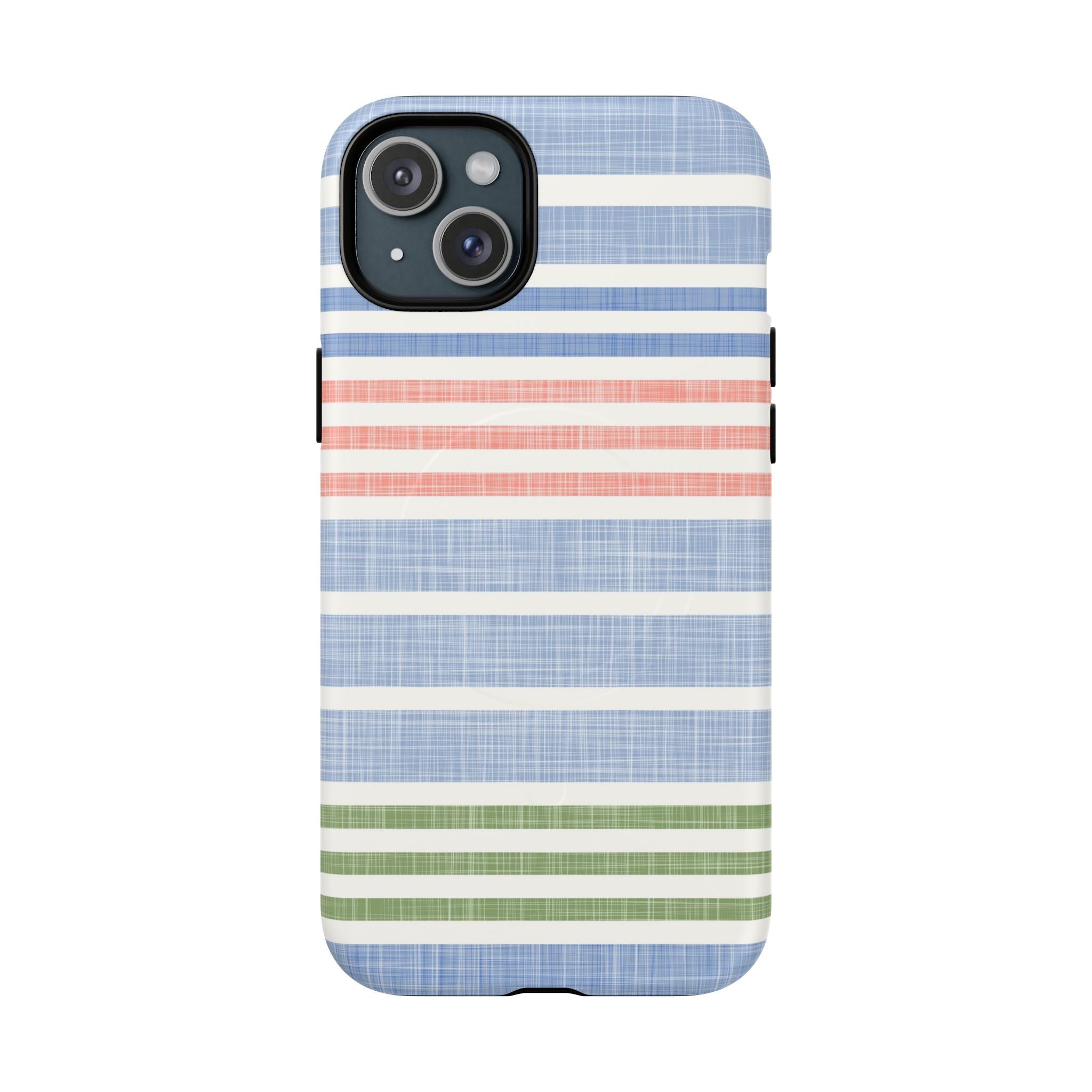 Cabana Stripe Pastel MagSafe iPhone 15 Plus Case – Matte | soft blue, coral, sage green chambray-textured stripe print MagSafe compatible, dual-layer protection