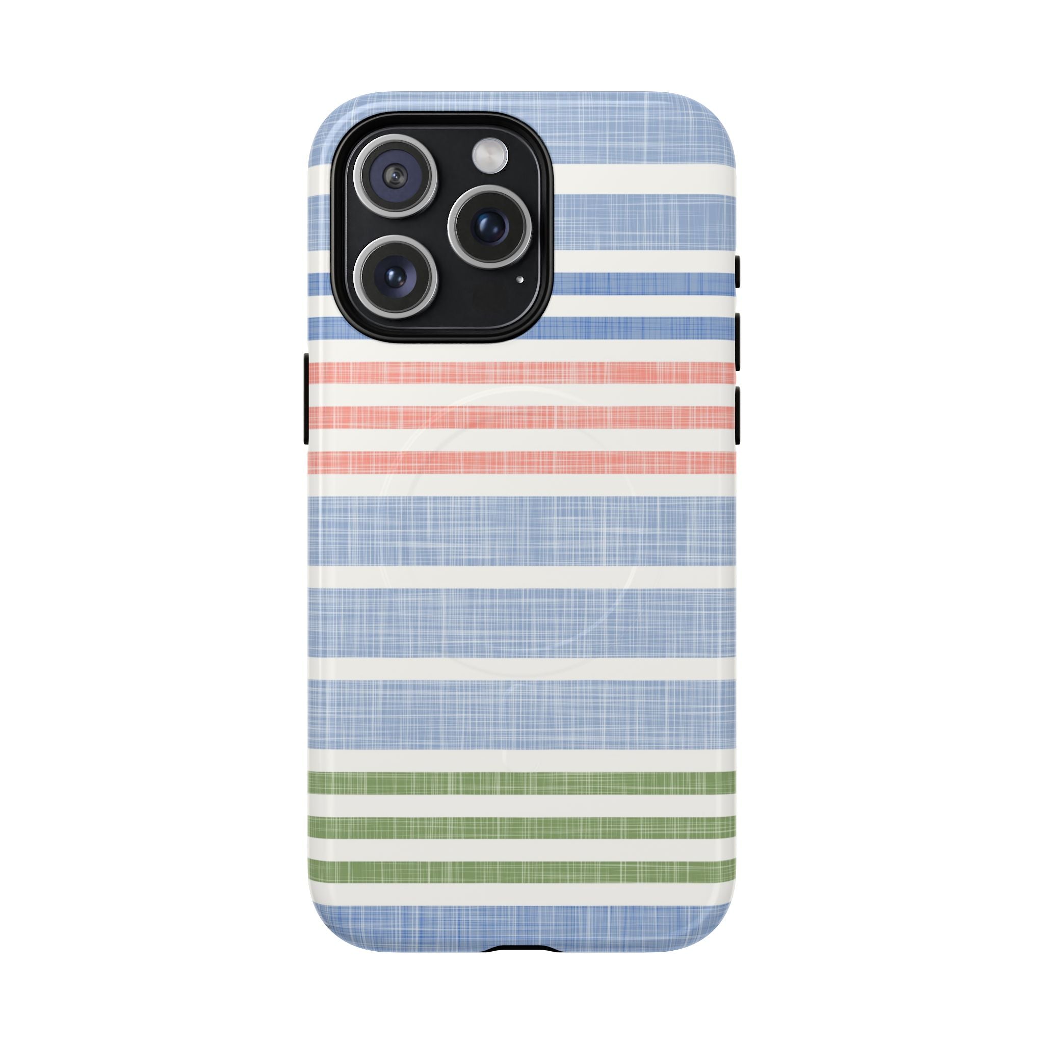 Cabana Stripe Pastel MagSafe iPhone 15 Pro Max Case – Matte | soft blue, coral, sage green chambray-textured stripe print MagSafe compatible, dual-layer protection