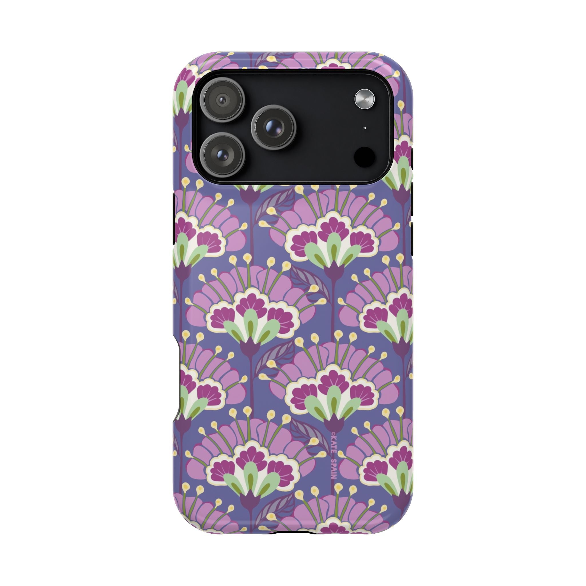Lantern Flower MagSafe iPhone 17 Pro Case – Glossy | periwinkle, purple, mauve, sage botanical lantern floral print MagSafe compatible, dual-layer protection