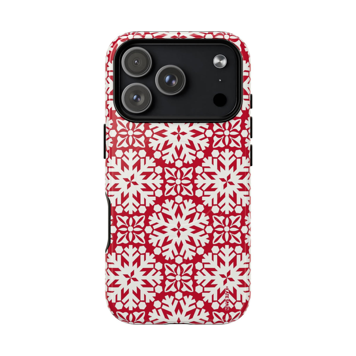 Flurry MagSafe iPhone 18 Pro Case – Glossy | red and cream geometric snowflake tile print