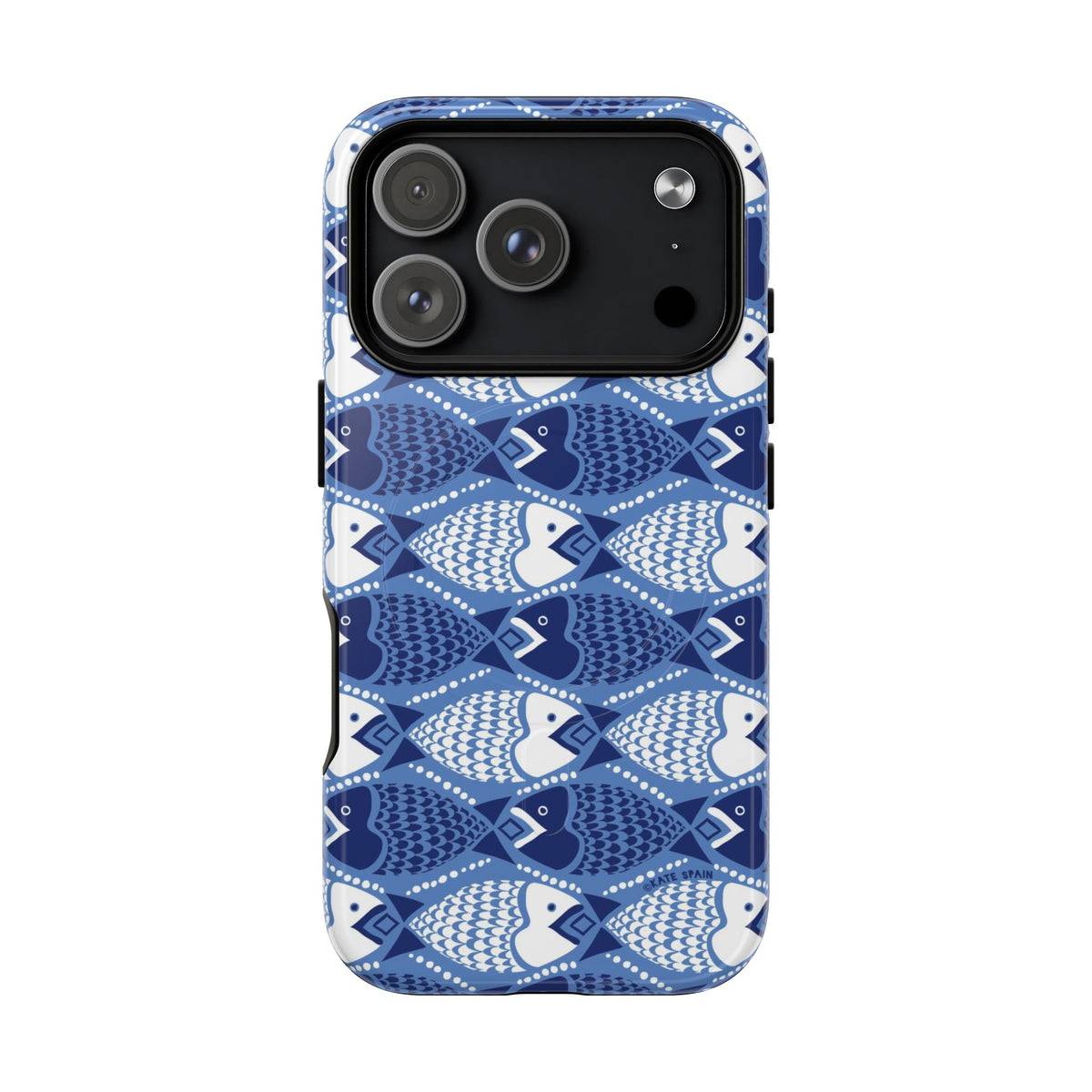 Catch of the Day MagSafe iPhone 18 Pro Case – Glossy | navy, blue, white geometric fish print
