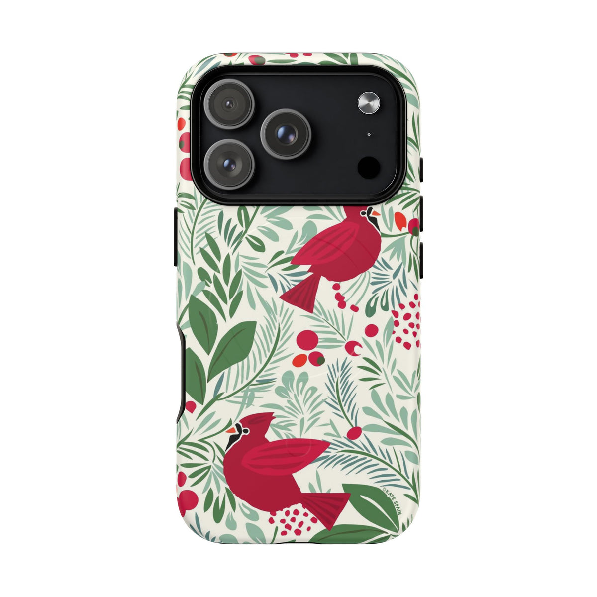 Birds and Berries MagSafe iPhone 18 Pro Case – Matte | cream, red, green botanical cardinal berry print