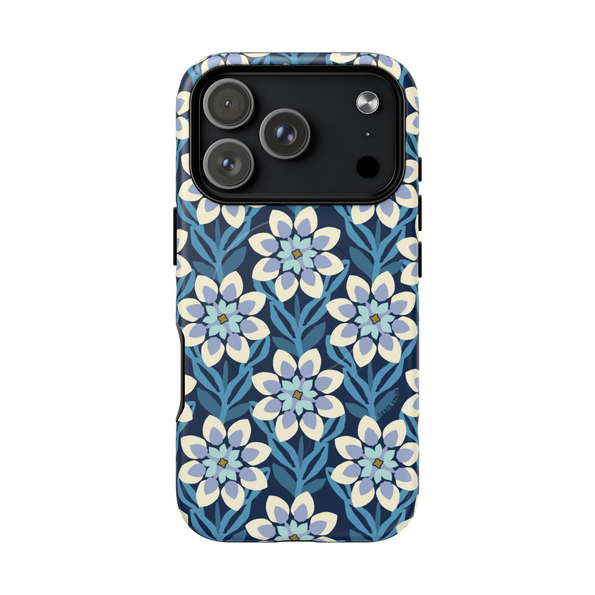 Luxury Modern Dahlia Navy MagSafe iPhone 18 Pro Case – Matte | navy, slate blue, white geometric dahlia tile floral print