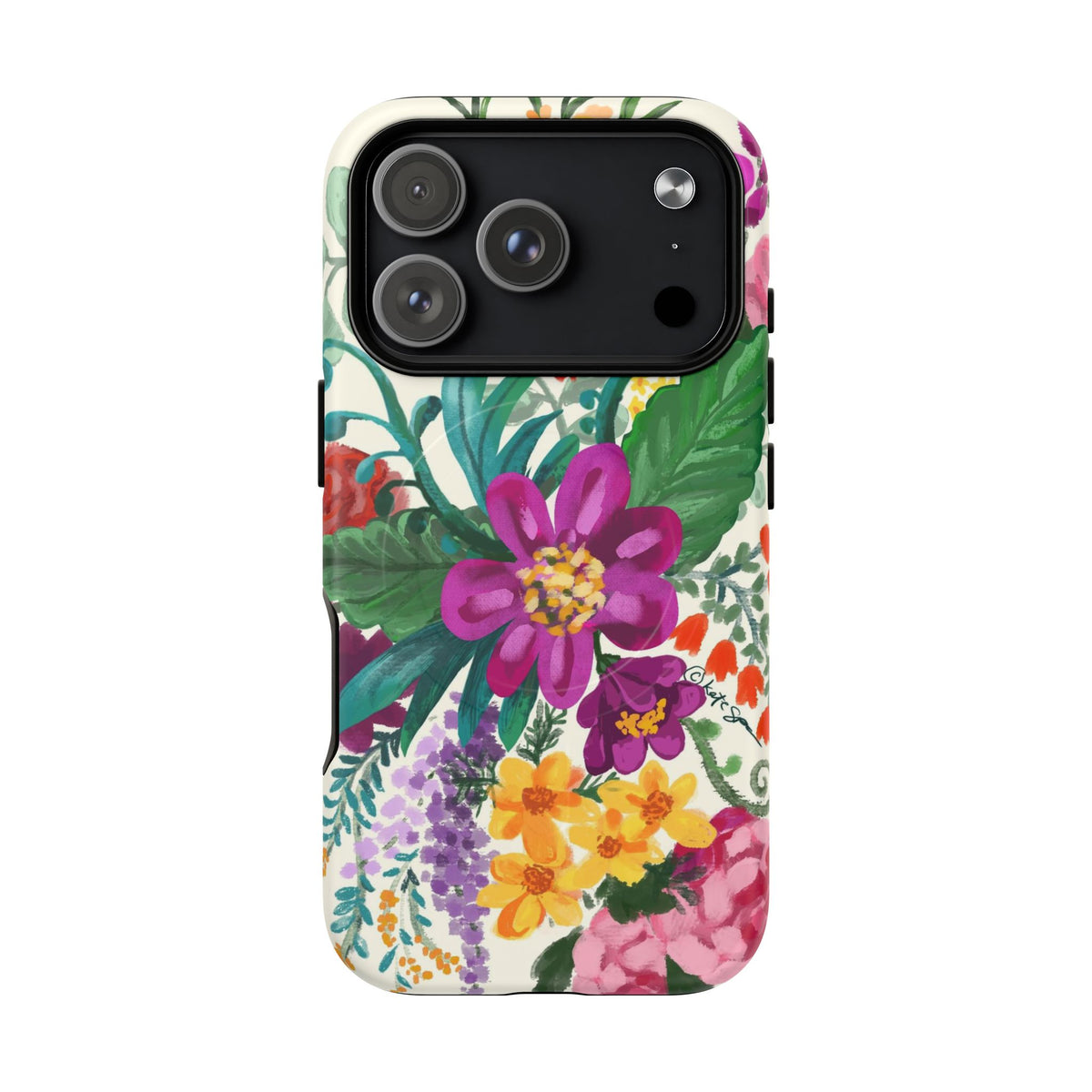 Posy Cream MagSafe iPhone 18 Pro Case – Matte | cream, magenta, coral botanical floral print