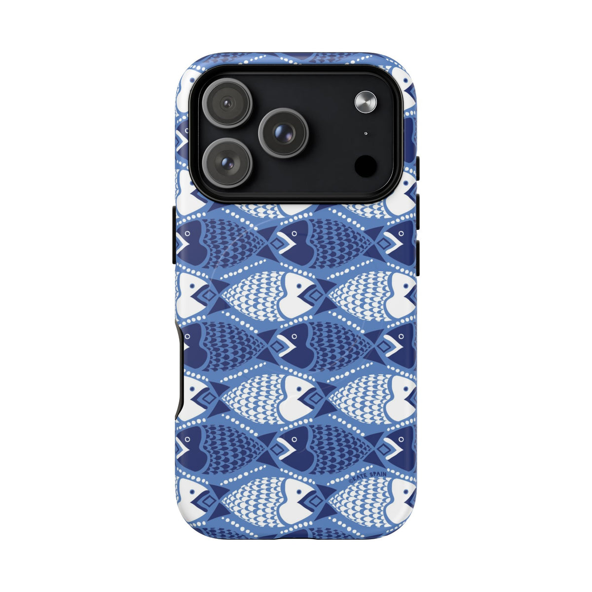 Catch of the Day MagSafe iPhone 18 Pro Case – Matte | navy, blue, white geometric fish print