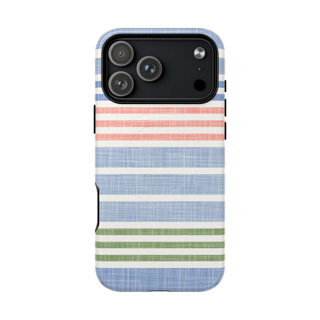 Cabana Stripe Pastel MagSafe iPhone 18 Pro Max Case – Glossy | soft blue, coral, sage green chambray-textured stripe print