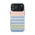 Cabana Stripe Pastel MagSafe iPhone 18 Pro Max Case – Glossy | soft blue, coral, sage green chambray-textured stripe print
