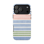 Cabana Stripe Pastel MagSafe iPhone 18 Pro Max Case – Glossy | soft blue, coral, sage green chambray-textured stripe print