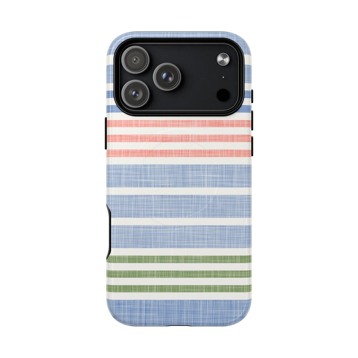 Cabana Stripe Pastel MagSafe iPhone 18 Pro Max Case – Glossy | soft blue, coral, sage green chambray-textured stripe print