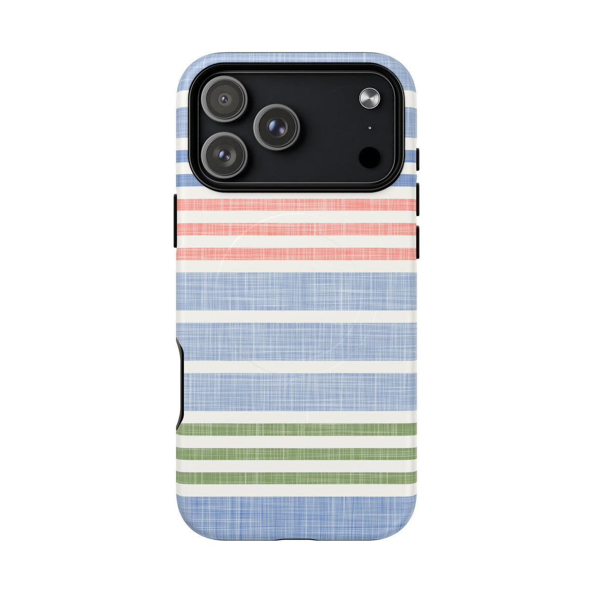 Cabana Stripe Pastel MagSafe iPhone 18 Pro Max Case – Matte | soft blue, coral, sage green chambray-textured stripe print