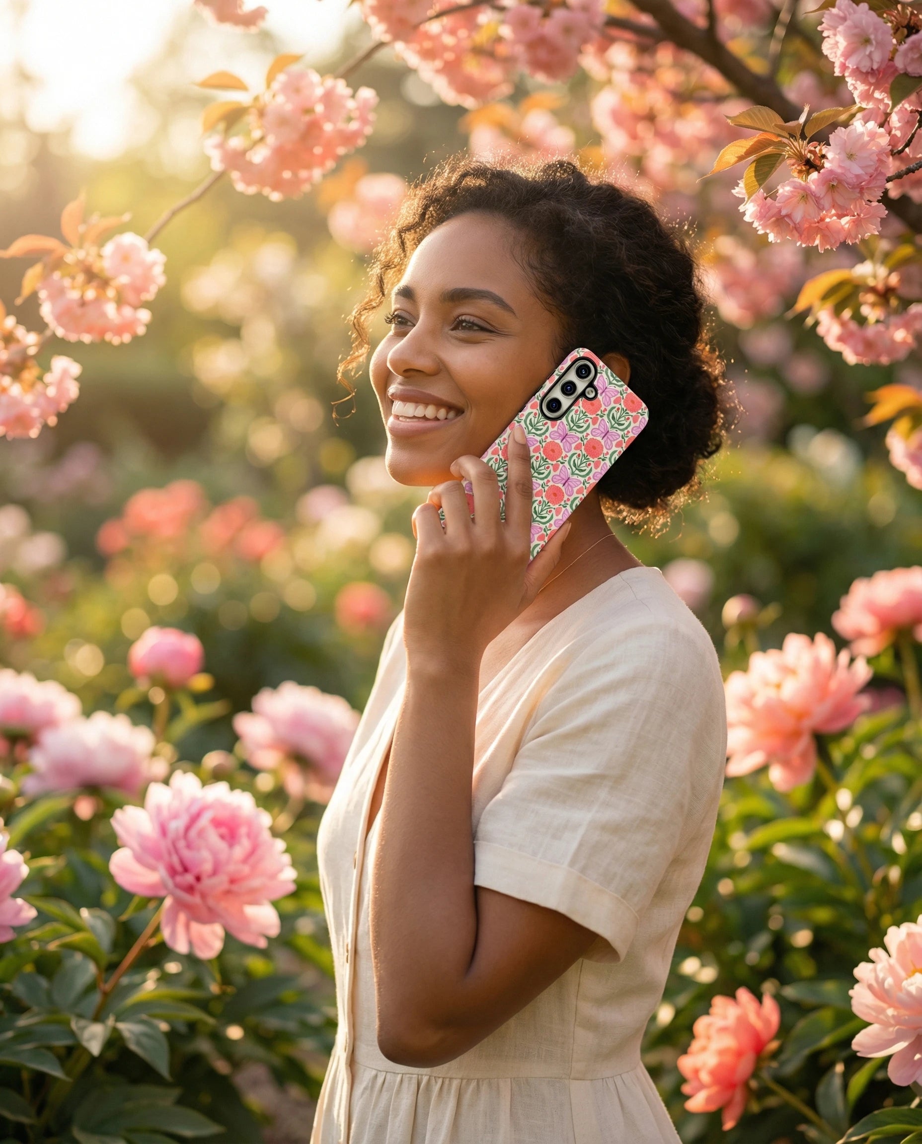 A joyful beautiful woman in her twenties holding a floriori iPhone 16 Plus case covered in the Pink Butterfly iPhone case designed by Kate Spain. This woman is standing in a blossoming cherry orchard with pink peonies abloom.