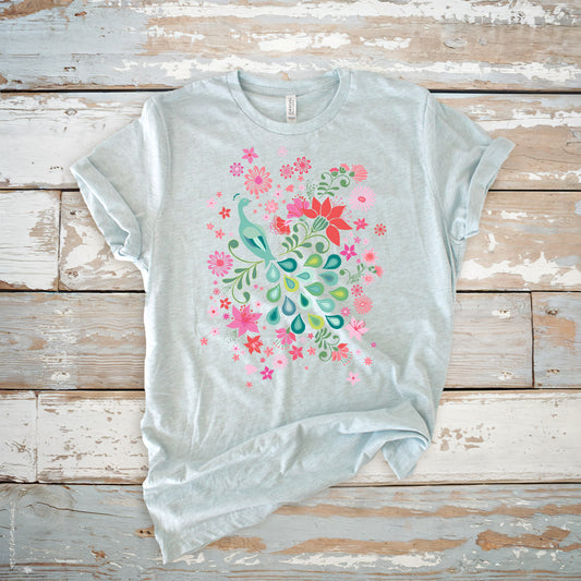 Peacock Flower Botanical Crewneck T-shirt