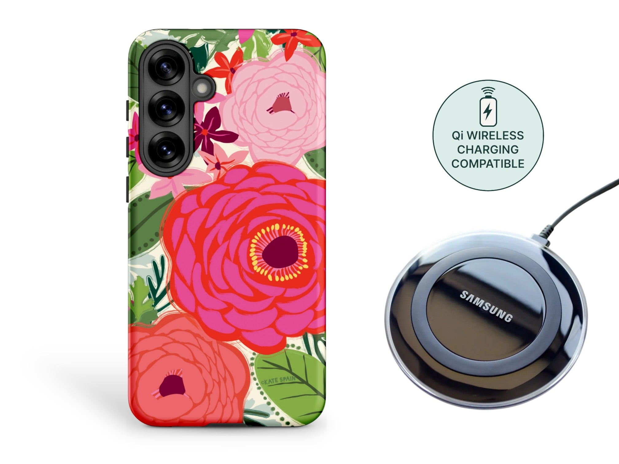 Floral phone case with wireless charging pad on a white background