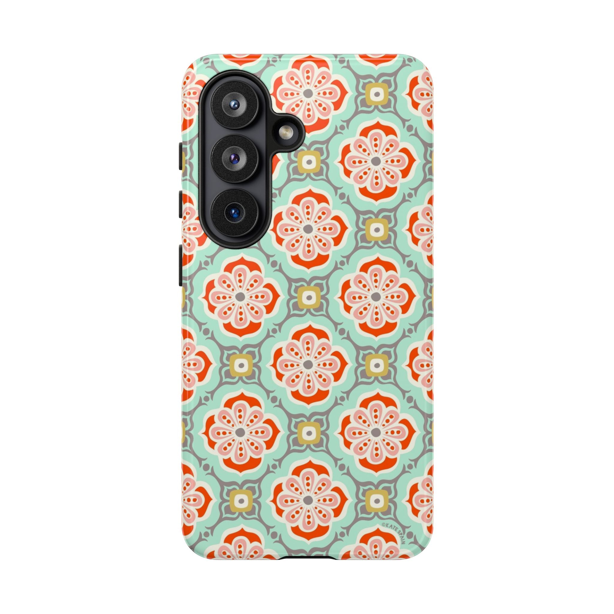 Luxury Alhambra Samsung Galaxy S26 Case – Glossy | light turquoise, coral, cream geometric medallion tile print
