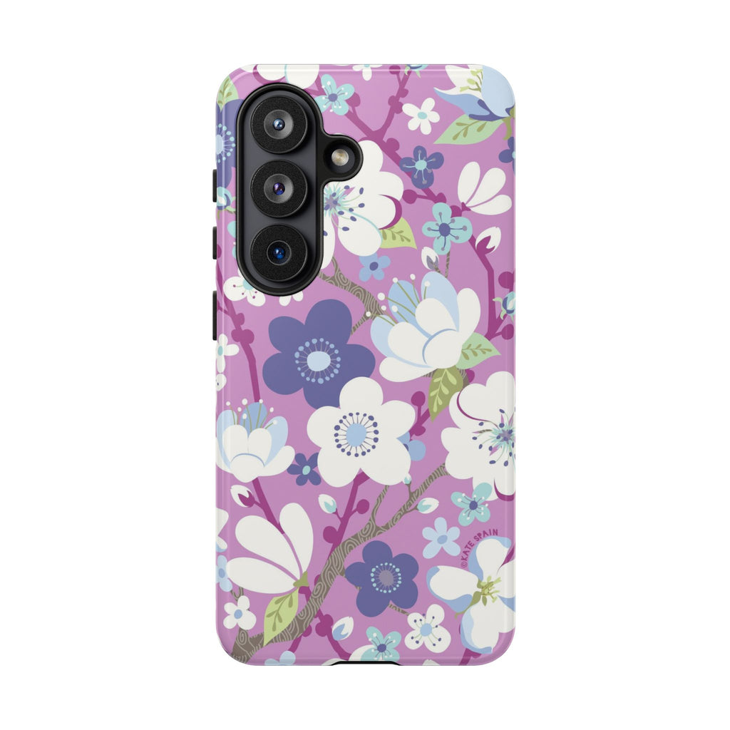 Cherry Blossom Samsung Galaxy S26 Case – Glossy | mauve, white, periwinkle cherry blossom floral print