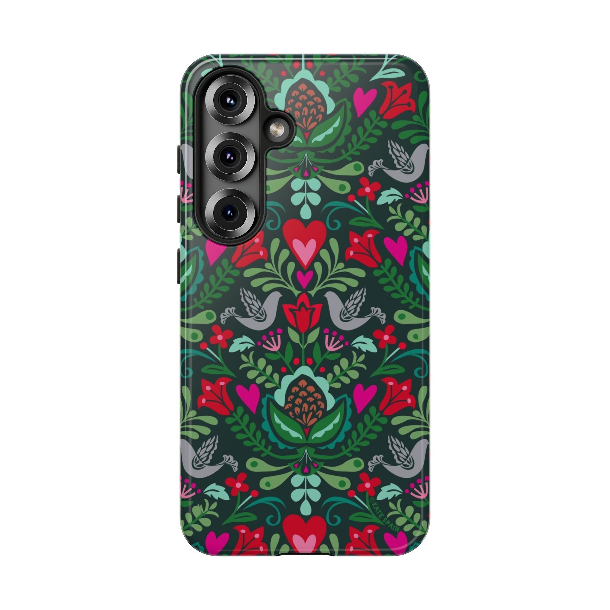 Rosemaling Samsung Galaxy S25 Case – Glossy | forest green, red, pink rosemaling floral print