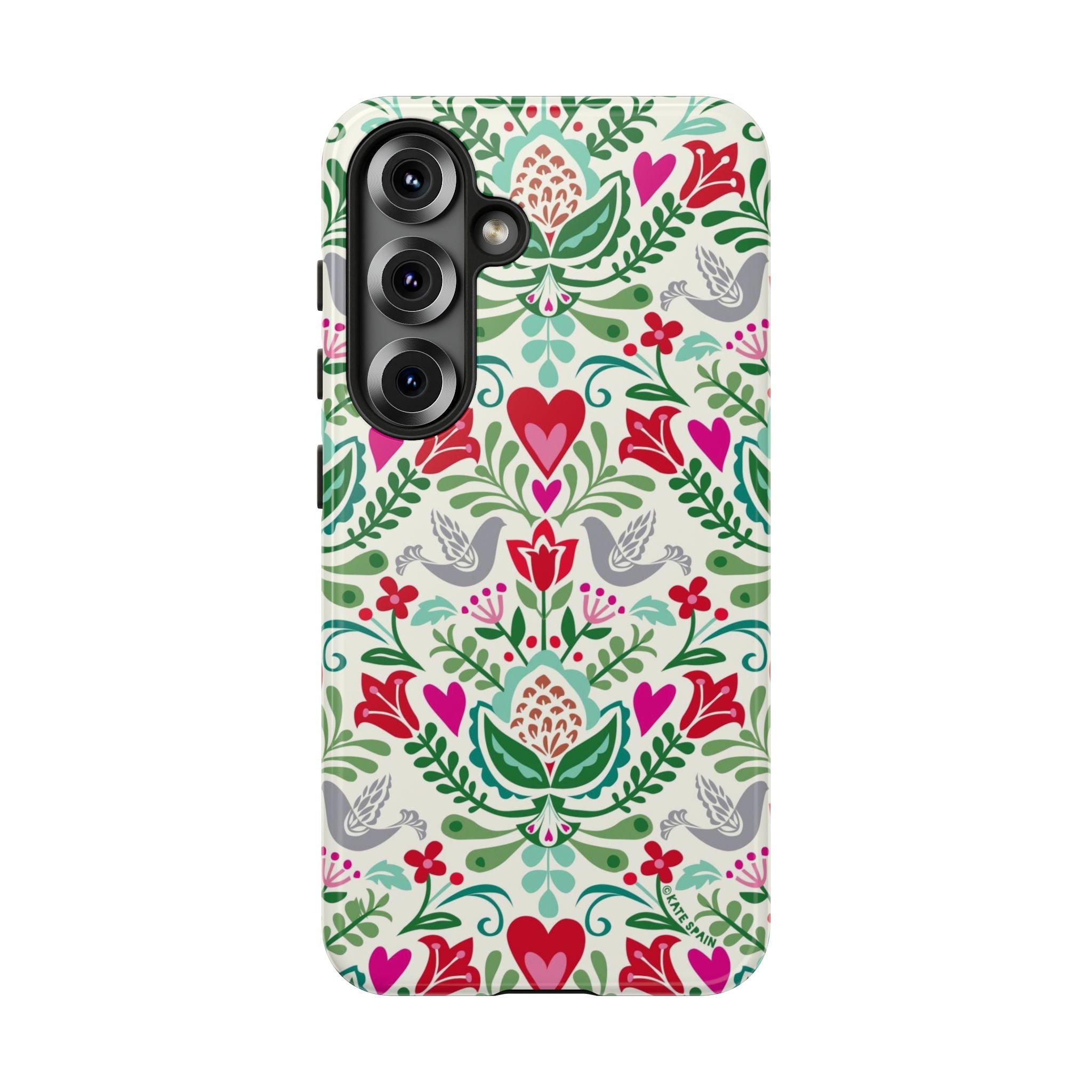Rosemaling Samsung Galaxy S25 Case – Glossy | white, red, green rosemaling floral print