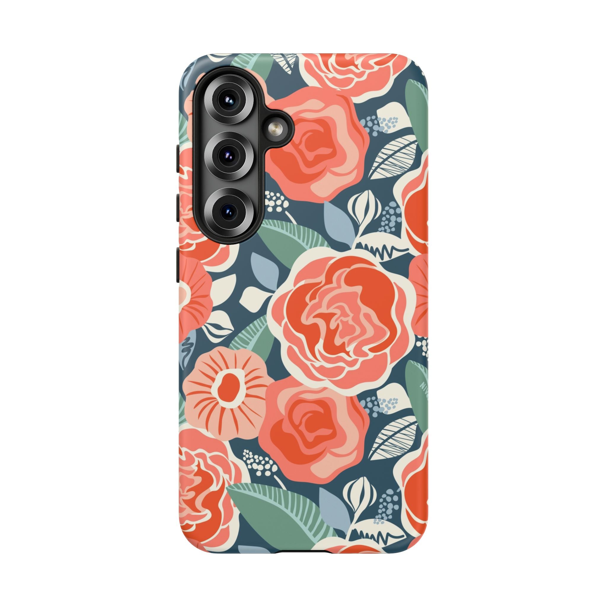 Luxury Tea Rose Navy Samsung Galaxy S25 Plus Case – Matte | navy, coral, peach botanical rose floral print