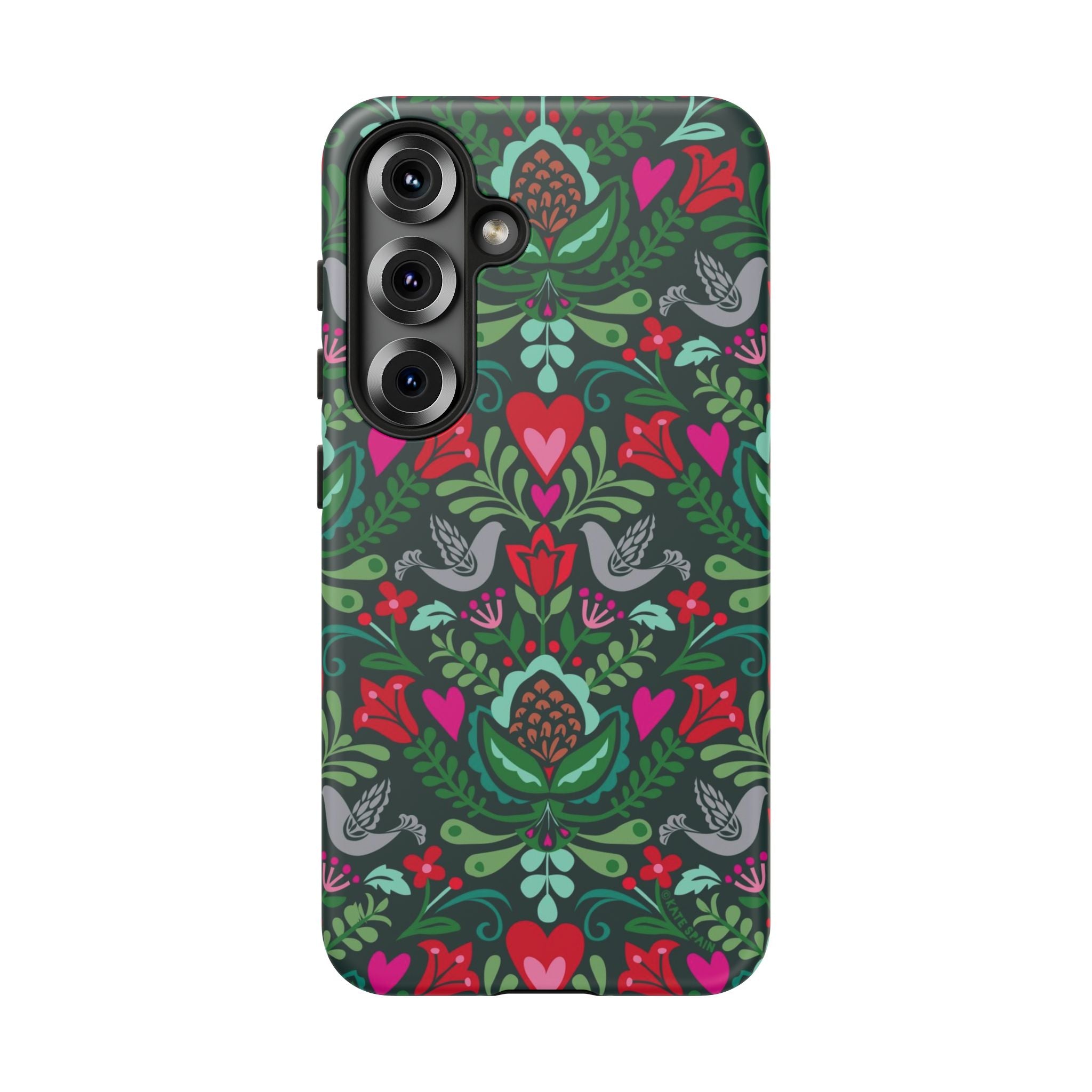 Rosemaling Samsung Galaxy S25 Case – Matte | forest green, red, pink rosemaling floral print