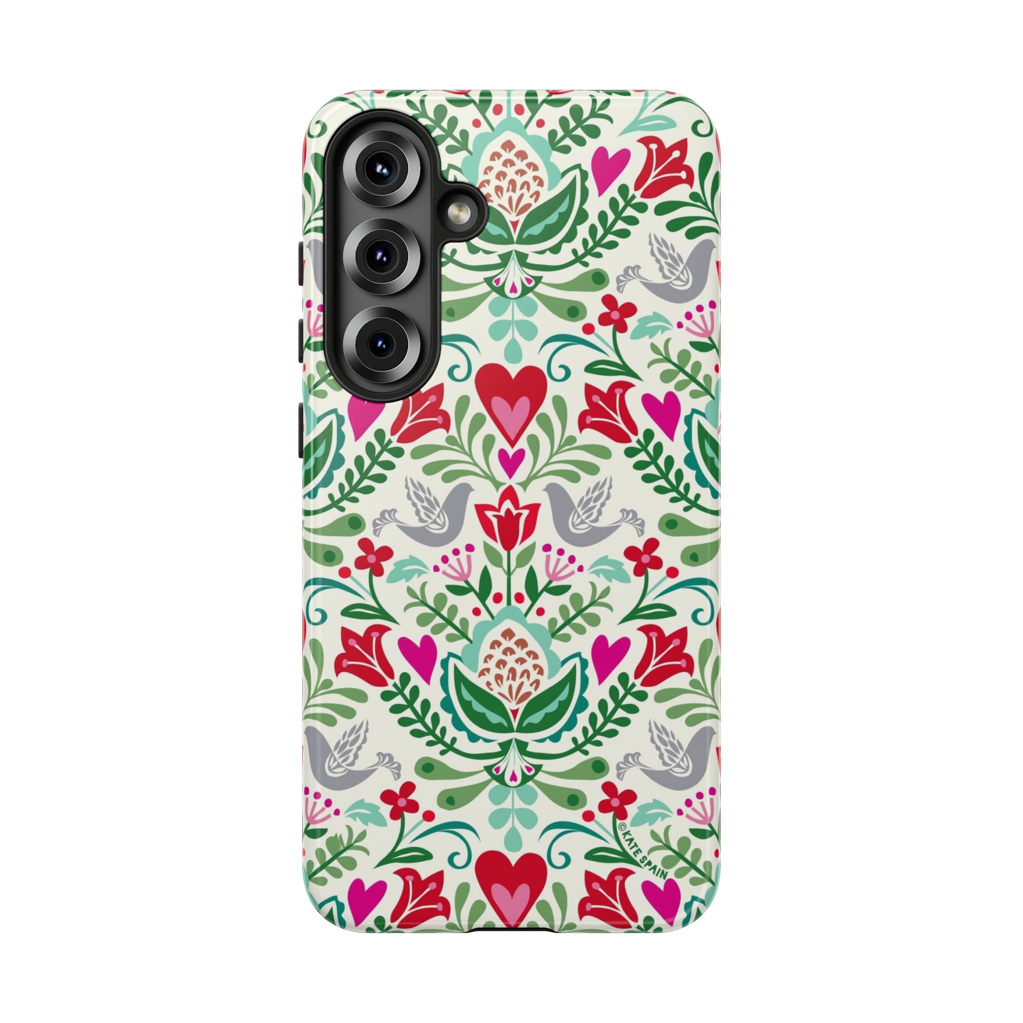 Rosemaling Samsung Galaxy S25 Plus Case – Glossy | white, red, green rosemaling floral print