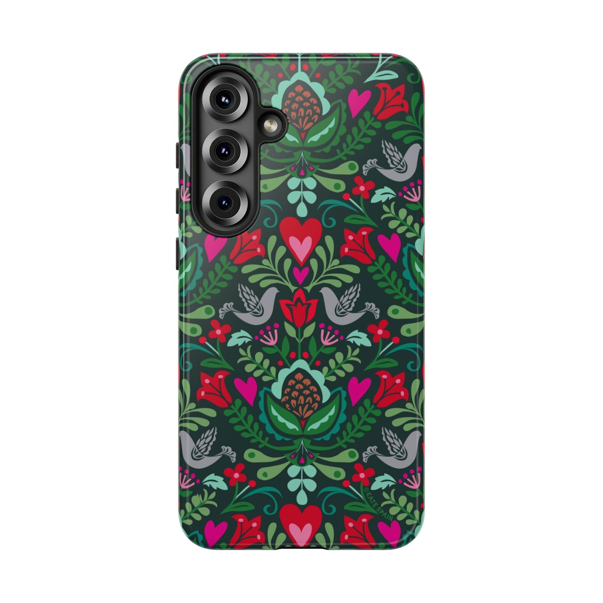 Rosemaling Samsung Galaxy S25 Plus Case – Glossy | forest green, red, pink rosemaling floral print