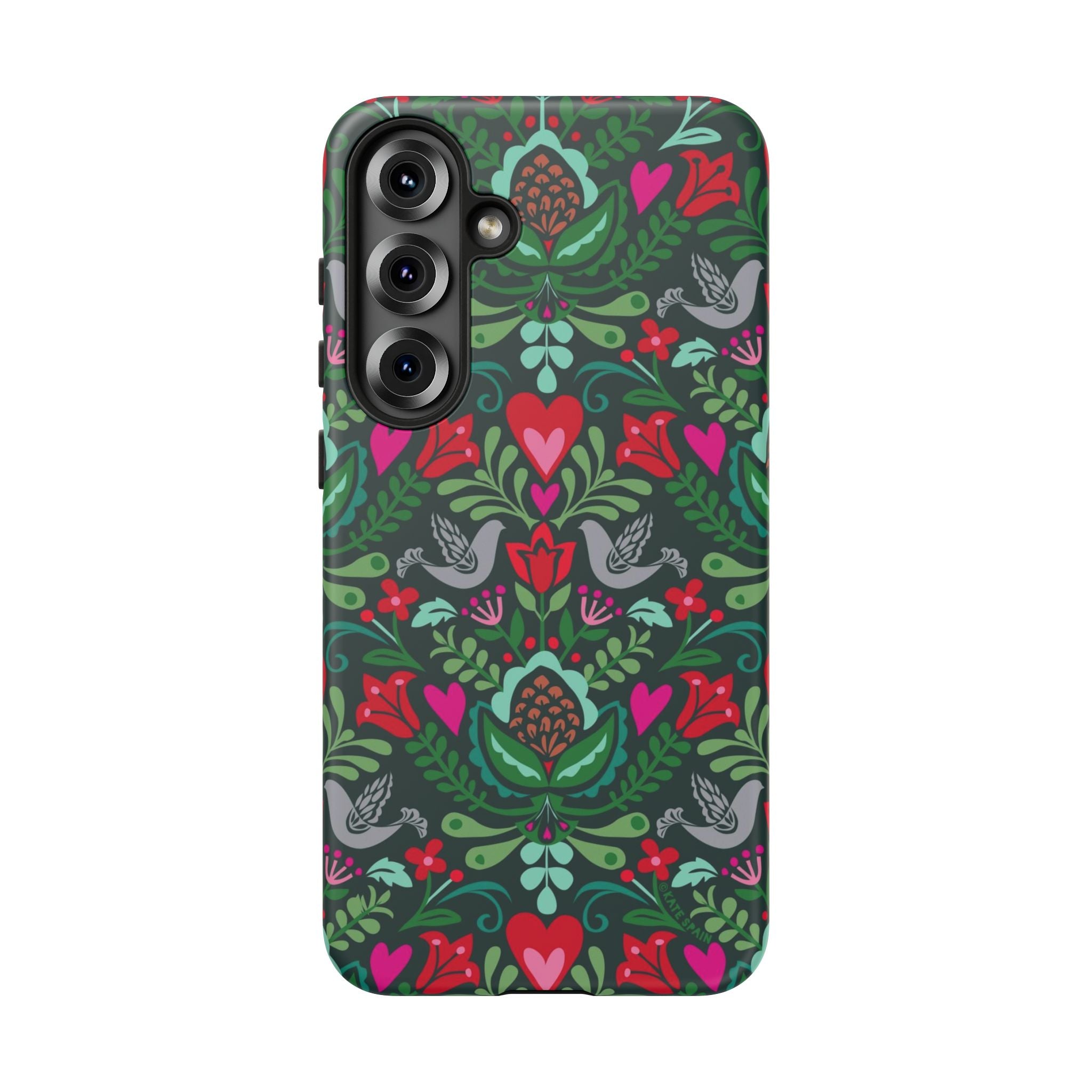 Rosemaling Samsung Galaxy S25 Plus Case – Matte | forest green, red, pink rosemaling floral print