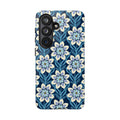 Luxury Modern Dahlia Samsung Galaxy S26 Case – Glossy | navy, white, periwinkle modern dahlia print