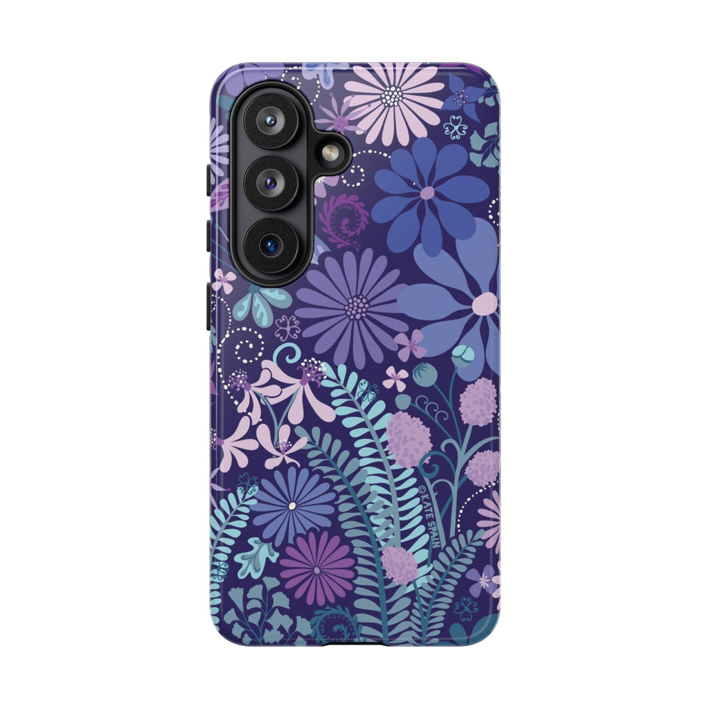 Luxury Terrain Samsung Galaxy S26 Case – Glossy | navy, purple, aqua botanical woodland floral print