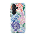 Luxury Tropica Samsung Galaxy S26 Case – Glossy | purple, coral, pink, blue botanical tropical floral print