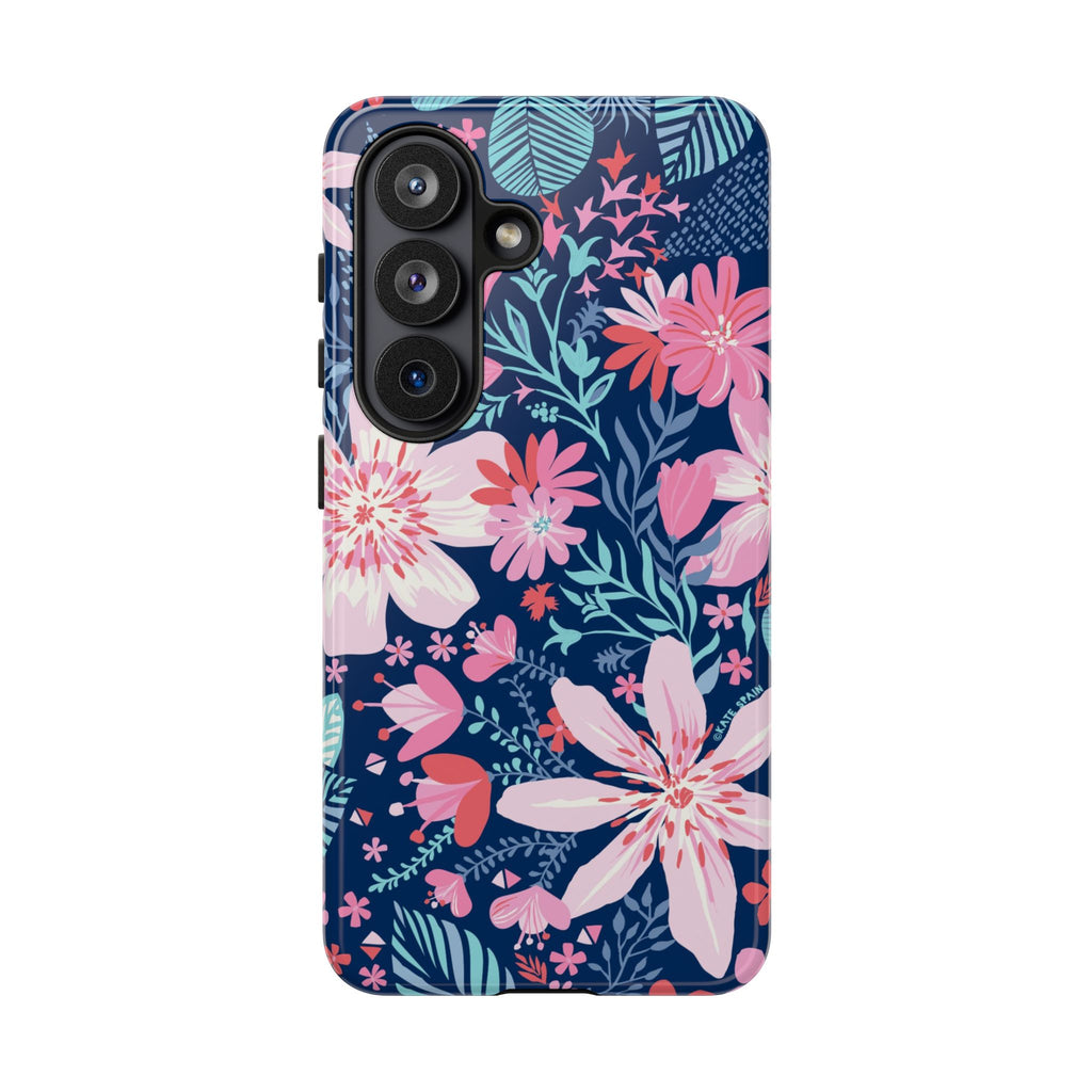 Tropical Bonaire Samsung Galaxy S26 Case – Glossy | navy, pink, white tropical floral botanical print