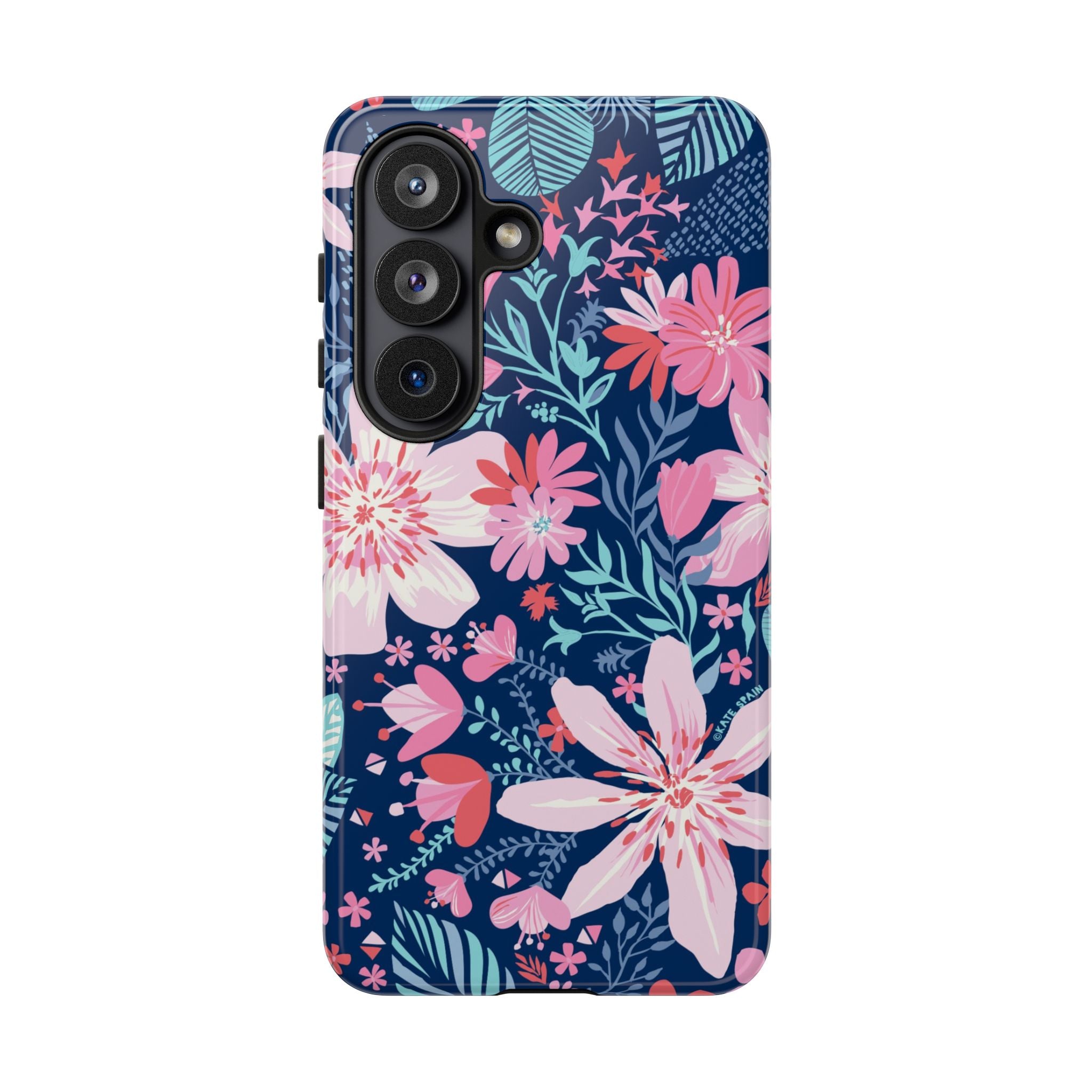 Tropical Bonaire Samsung Galaxy S26 Case – Glossy | navy, pink, white tropical floral botanical print